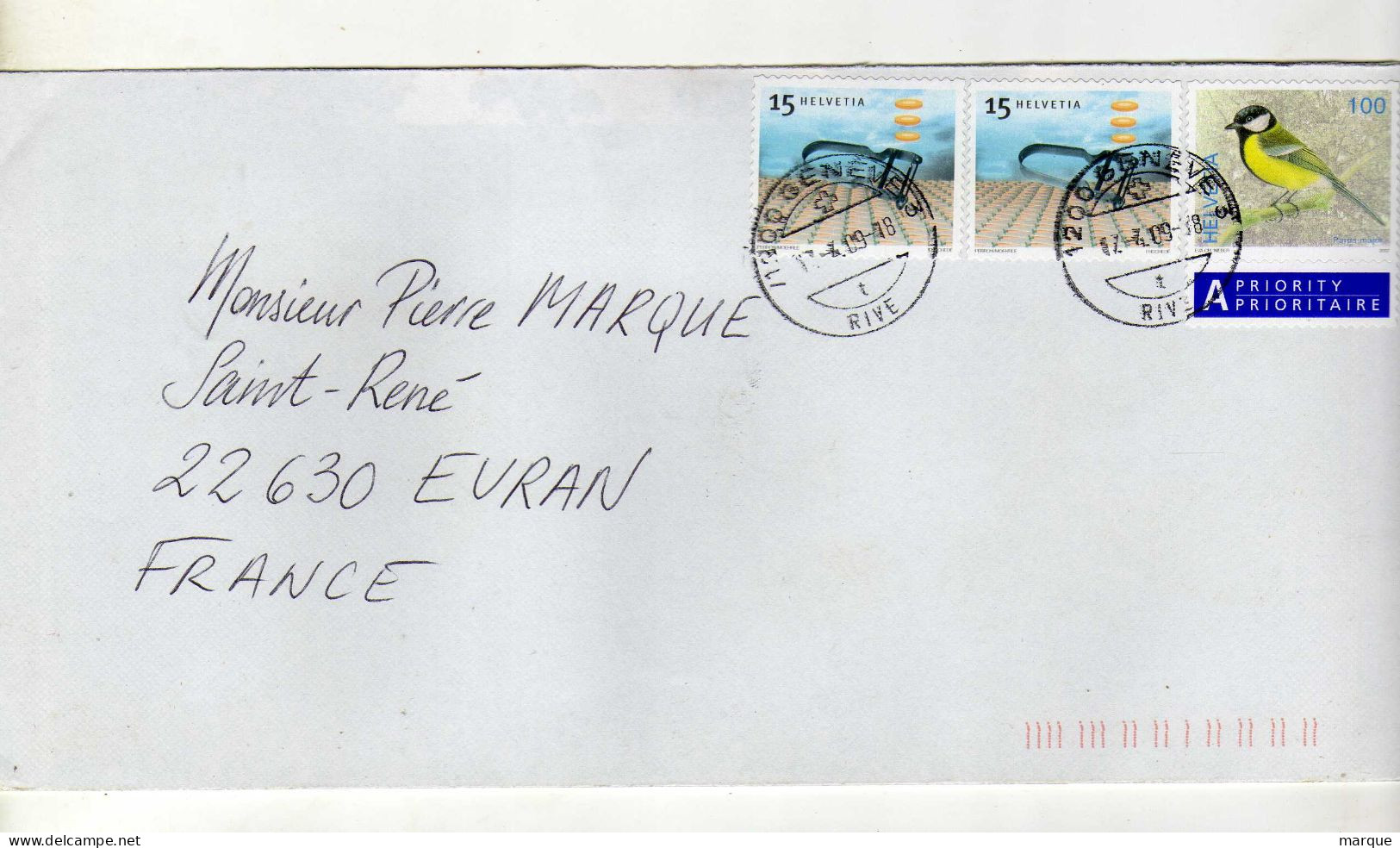Enveloppe SUISSE HELVETIA Oblitération 1200 GENEVE RIVE 17/07/2009 - Marcophilie