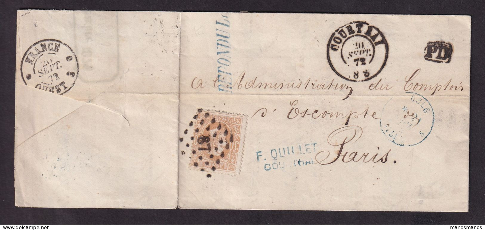 DDFF 519 - Lettre TP 33 COURTRAI 1872 Vers PARIS - Marque D'échange Belge FRANCE OUEST 3 (Ambulant) - Bureaux De Passage