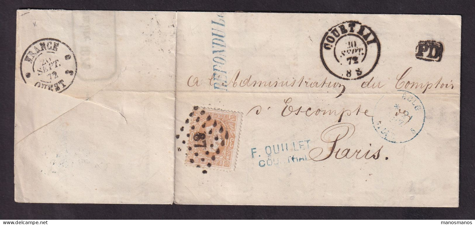 DDFF 519 - Lettre TP 33 COURTRAI 1872 Vers PARIS - Marque D'échange Belge FRANCE OUEST 3 (Ambulant) - Grenzübergangsstellen