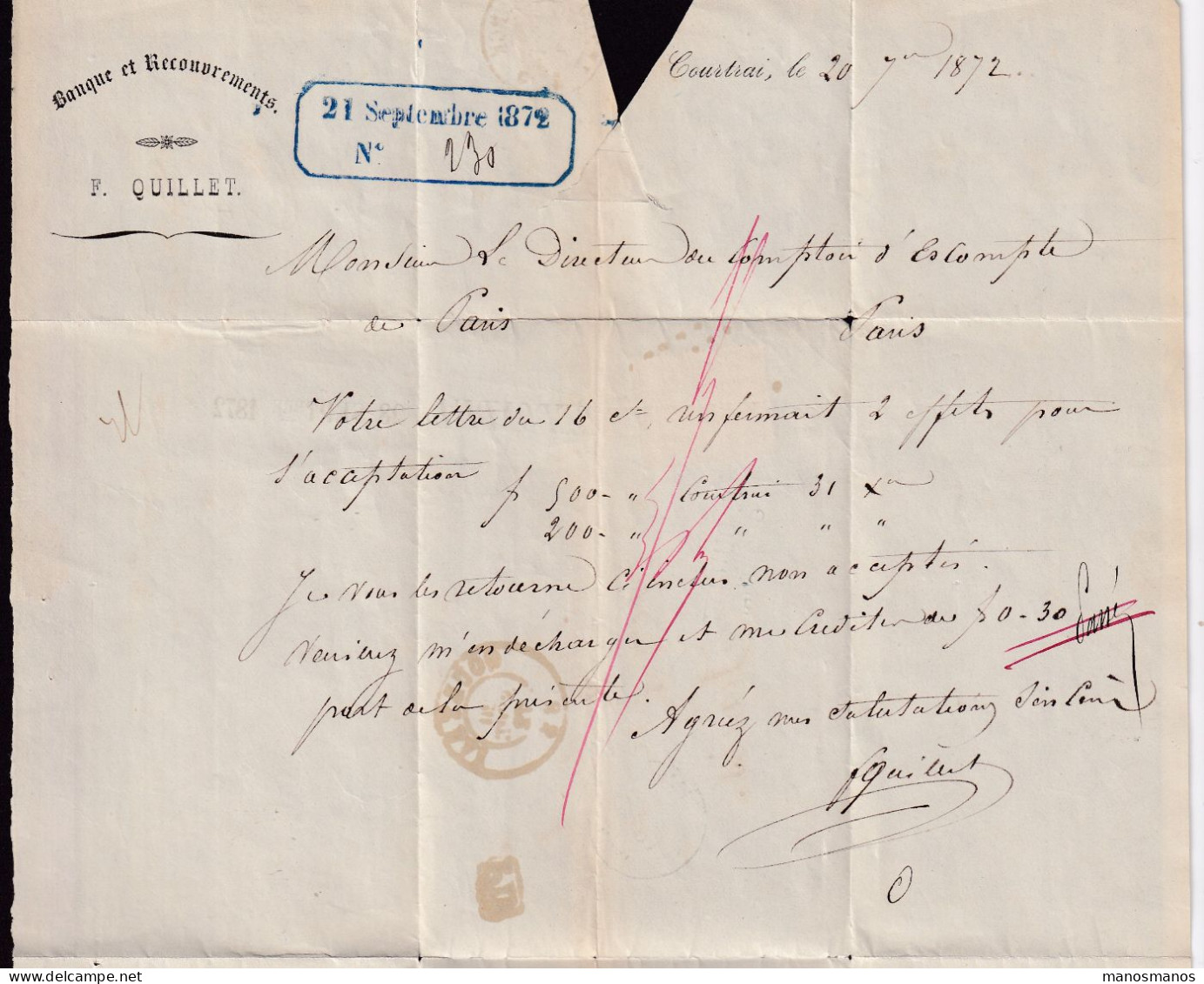 DDFF 519 - Lettre TP 33 COURTRAI 1872 Vers PARIS - Marque D'échange Belge FRANCE OUEST 3 (Ambulant) - Officinas De Paso