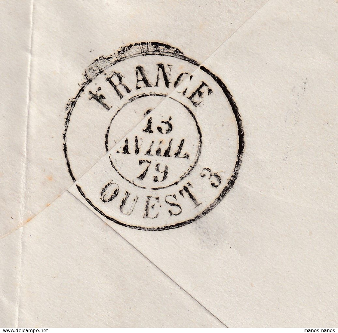 DDFF 520 - Enveloppe TP 32 GAND 1879 Vers PARIS - Marque D'échange Belge FRANCE OUEST 3 (Ambulant) - Transit Offices