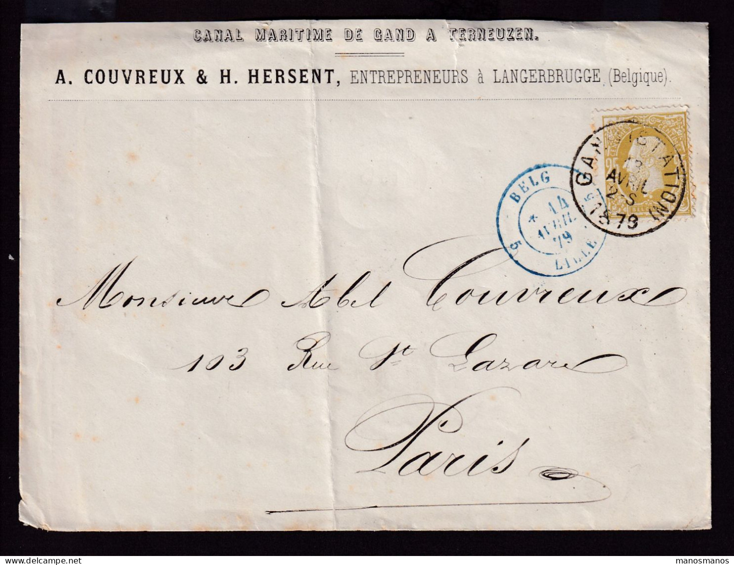 DDFF 520 - Enveloppe TP 32 GAND 1879 Vers PARIS - Marque D'échange Belge FRANCE OUEST 3 (Ambulant) - Grenzübergangsstellen