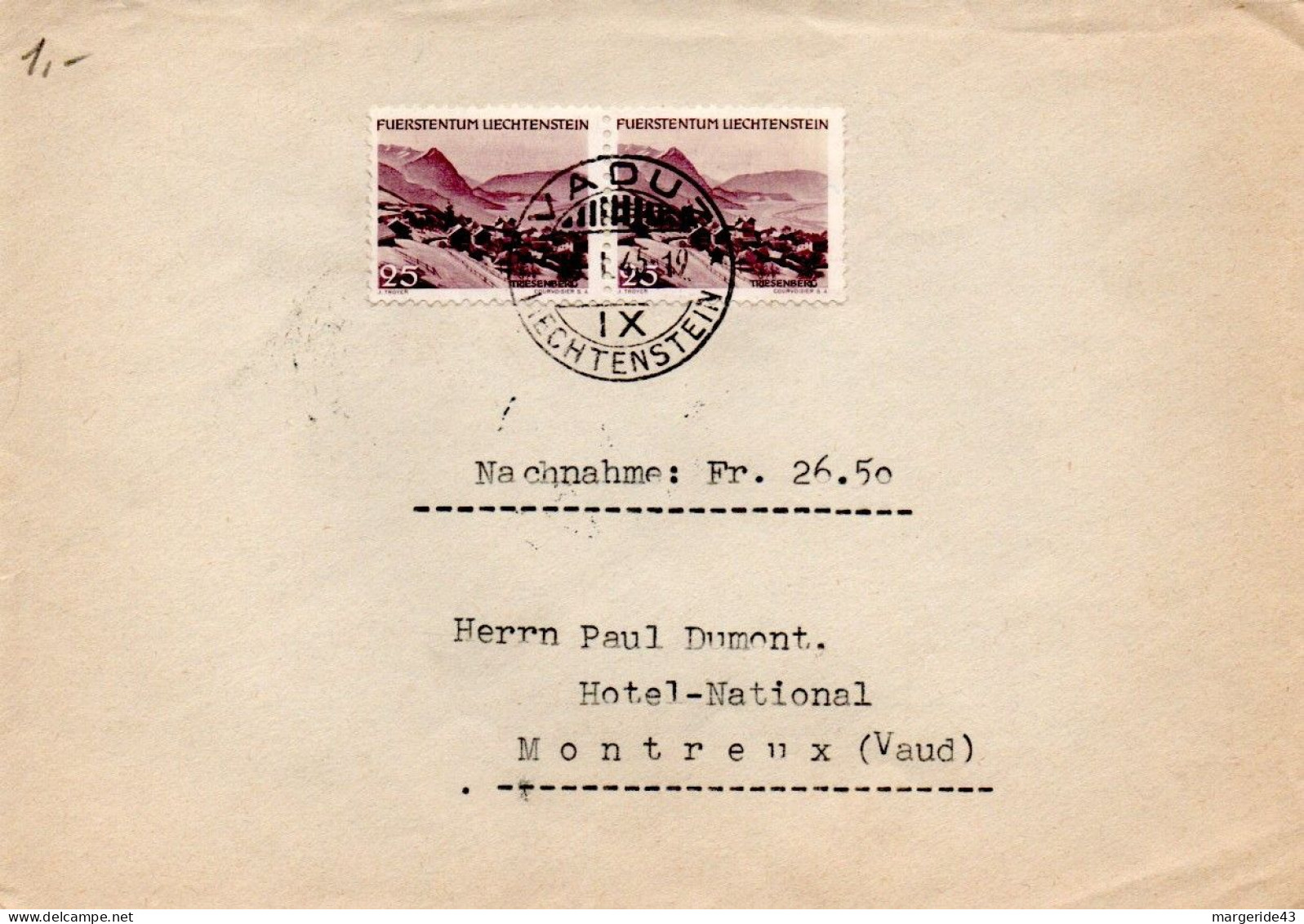 LIECHENSTEIN AFFRANCHISSEMENT COMPOSE SUR LETTRE POUR LA SUISSE 1945 - Storia Postale