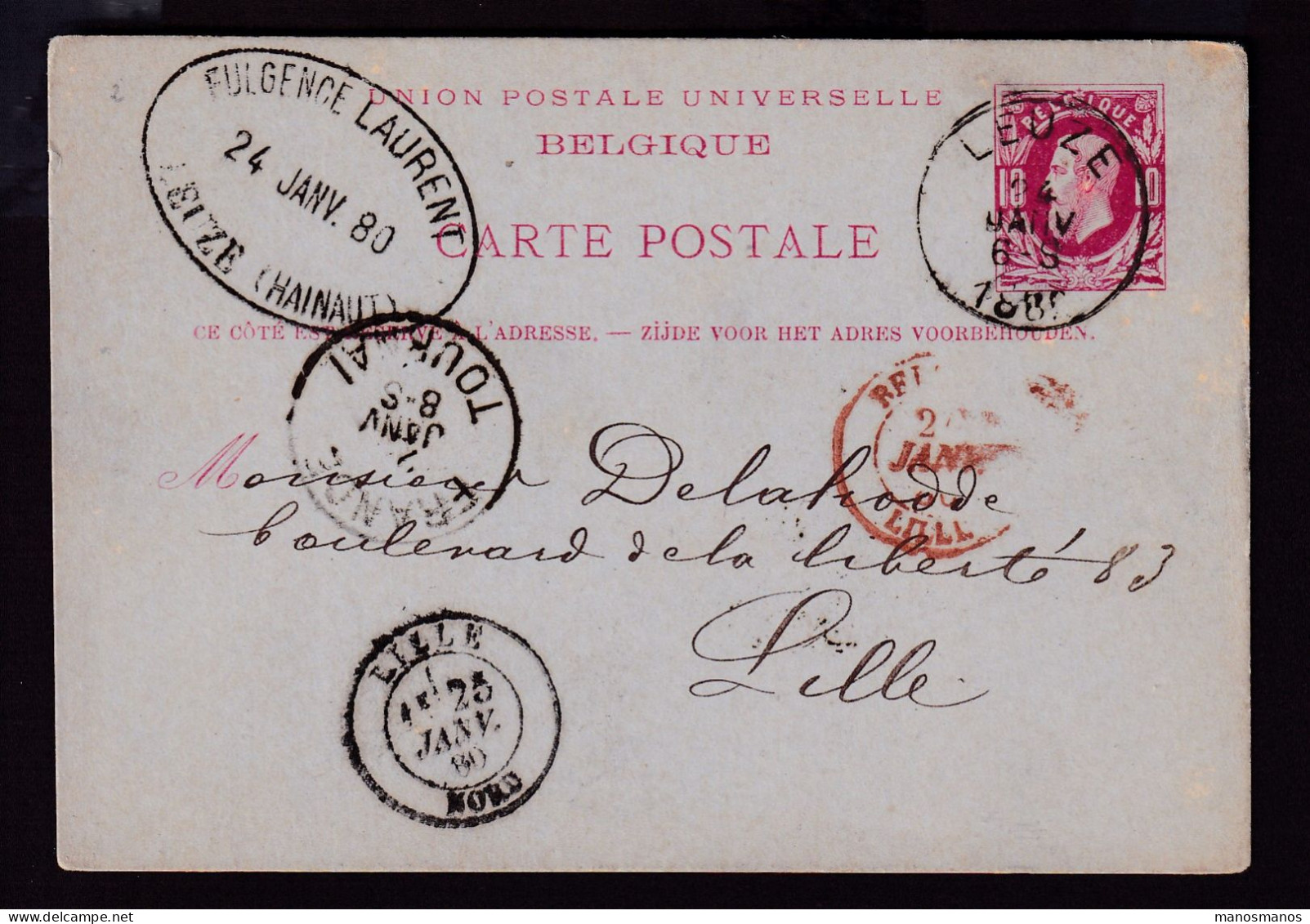 DDFF 521 - Entier Postal Type TP 30 LEUZE 1880 Vers LILLE - Marque D'échange Belge FRANCE TOURNAI - Transit Offices