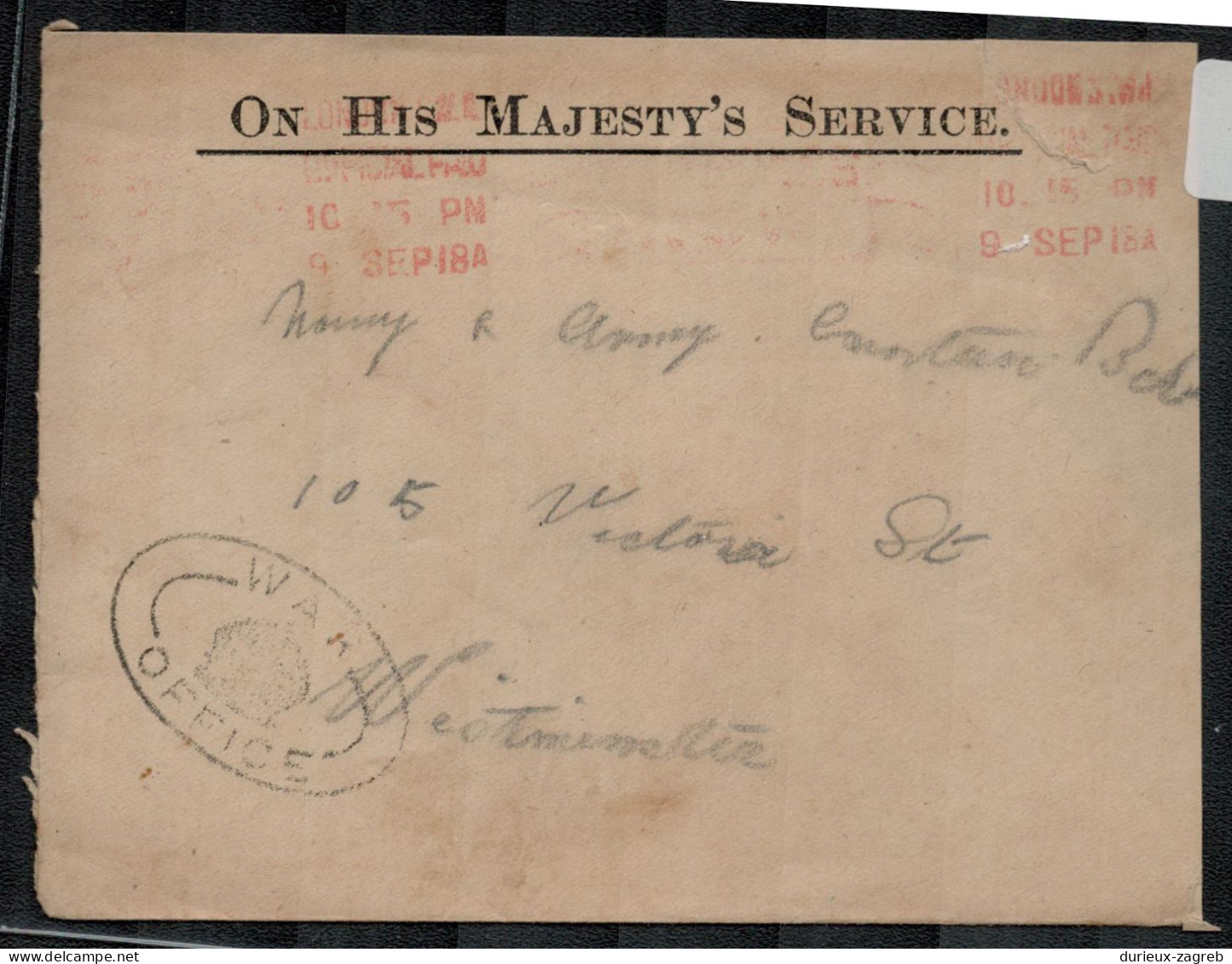 OHMS Letter Cover Posted 191? War Office Postmark B200115* - Officials