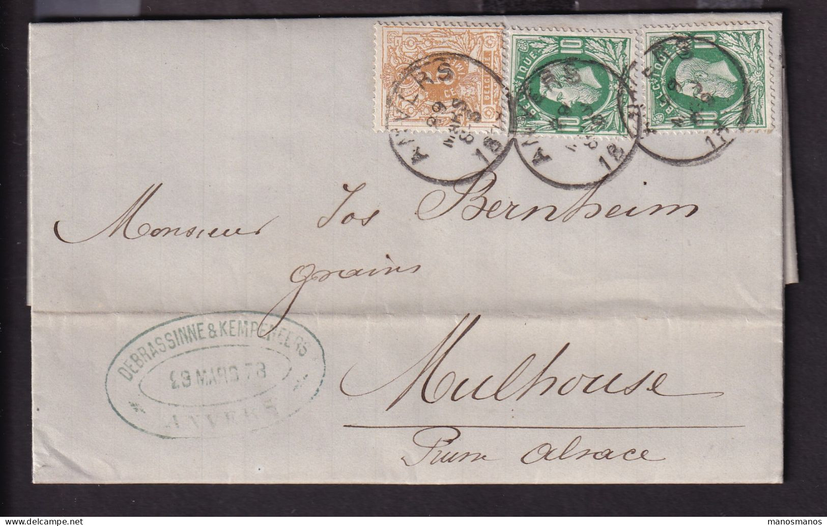 DDFF 523 - Lettre TP 28 Et 30 X 2 ANVERS 1878 Vers MULHOUSE - Marque D'échange Belge ALLEMAGNE Ambt BRUX-ARLON - Doorgangstempels