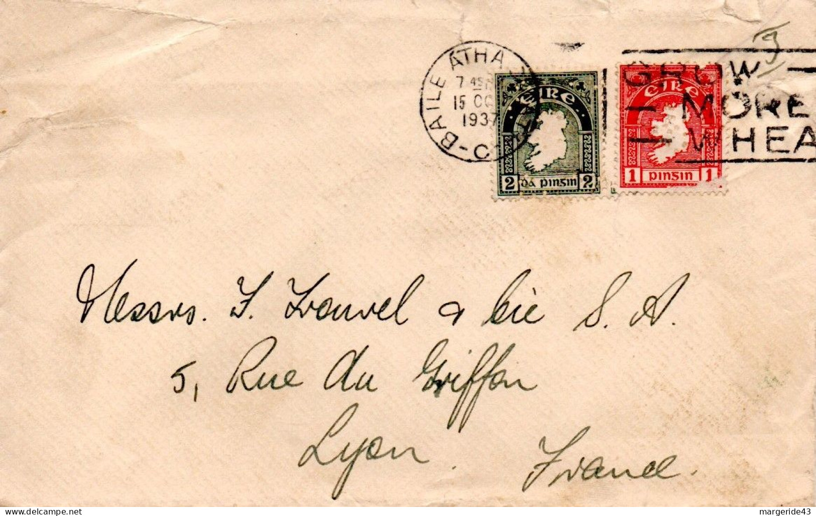 IRLANDE AFFRANCHISSEMENT COMPOSE SUR LETTRE POUR LA FRANCE 1937 - Lettres & Documents