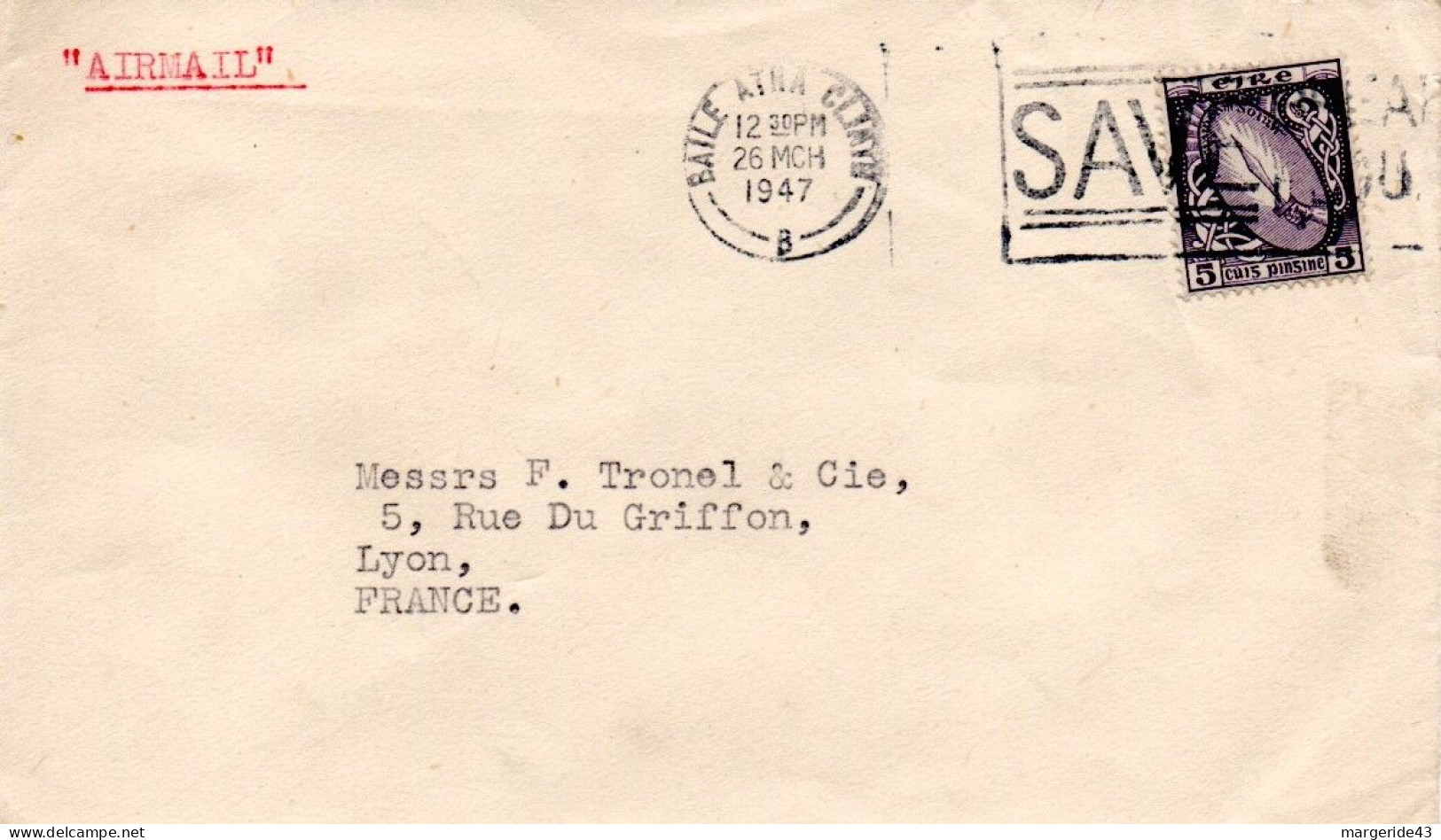 IRLANDE SEUL SUR LETTRE AVION POUR LA FRANCE 1947 - Brieven En Documenten