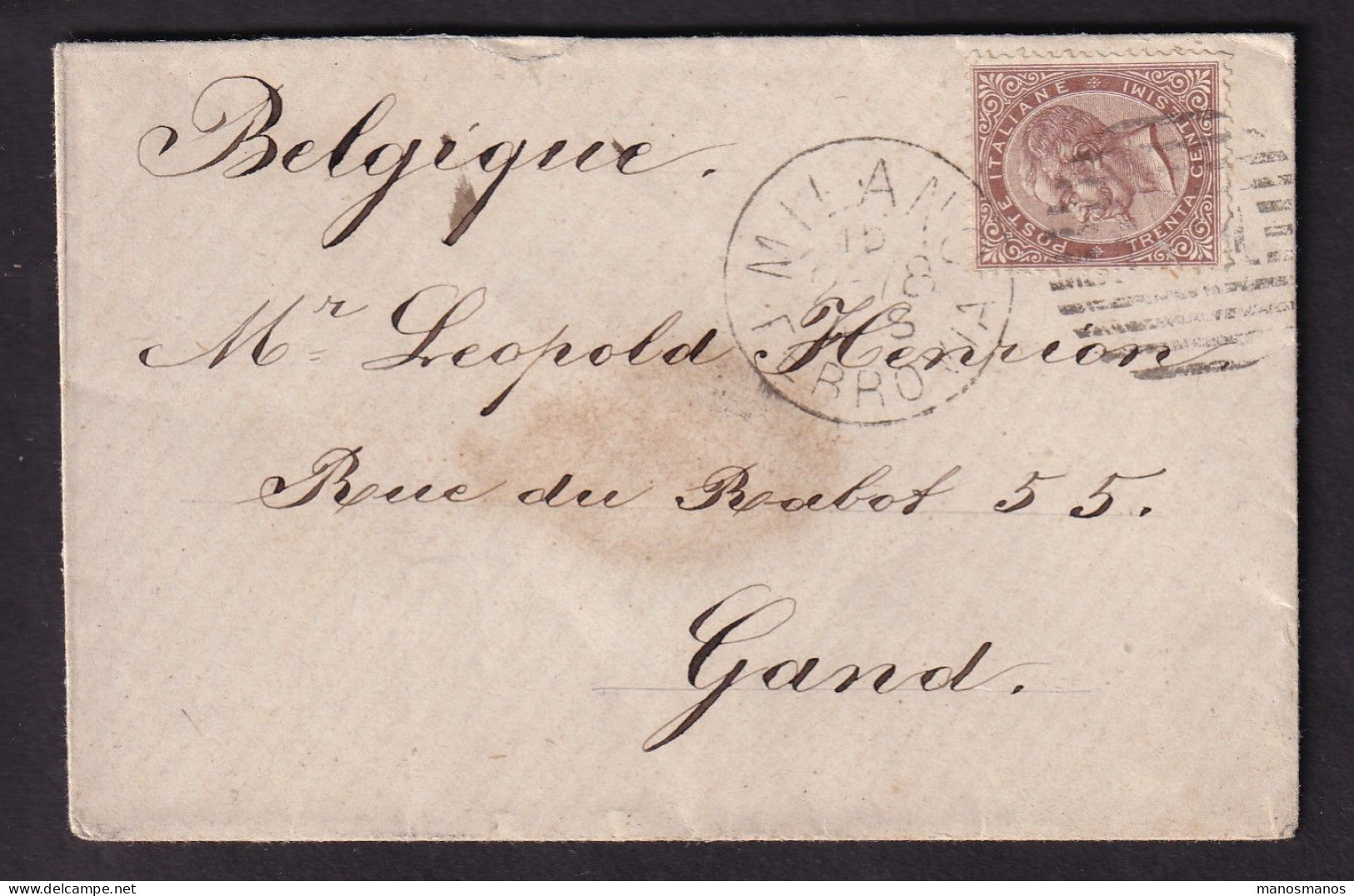 DDFF 524 - Lettre TP Italie MILANO 1878 Vers GAND - Marque D'échange Belge ITALIE OUEST 3 - Doorgangstempels