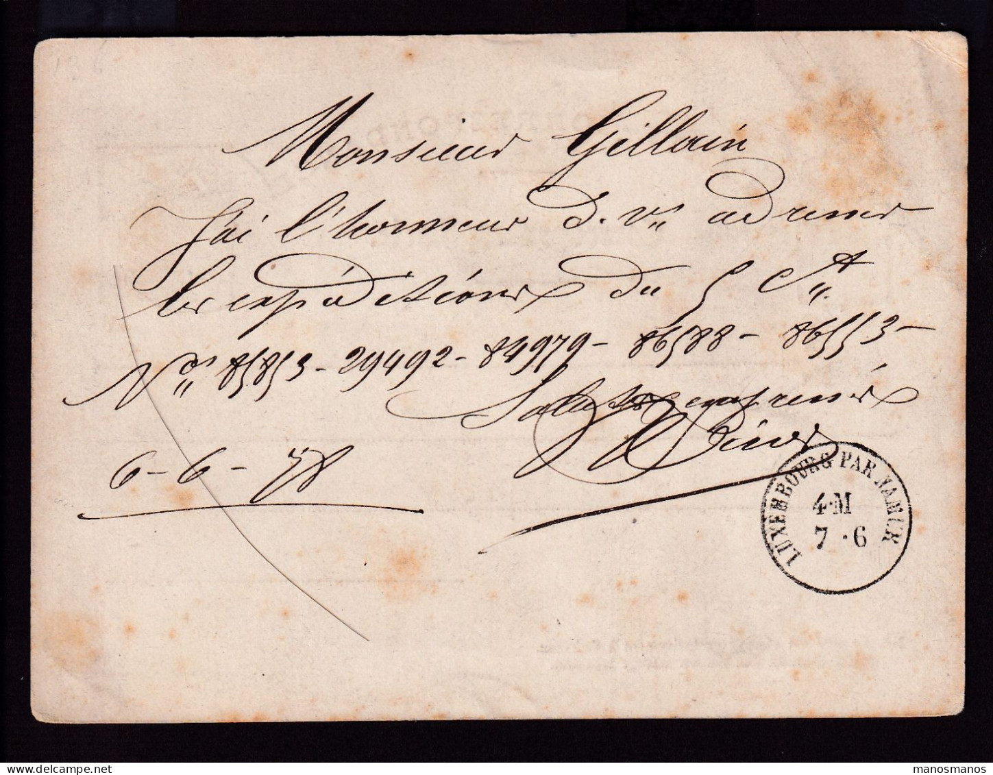 DDFF 526 - Entier Postal Luxembourg PETANGE 1878 Vers CHATELET - Marque D'échange Belge LUXEMBOURG PAR NAMUR - Officinas De Paso