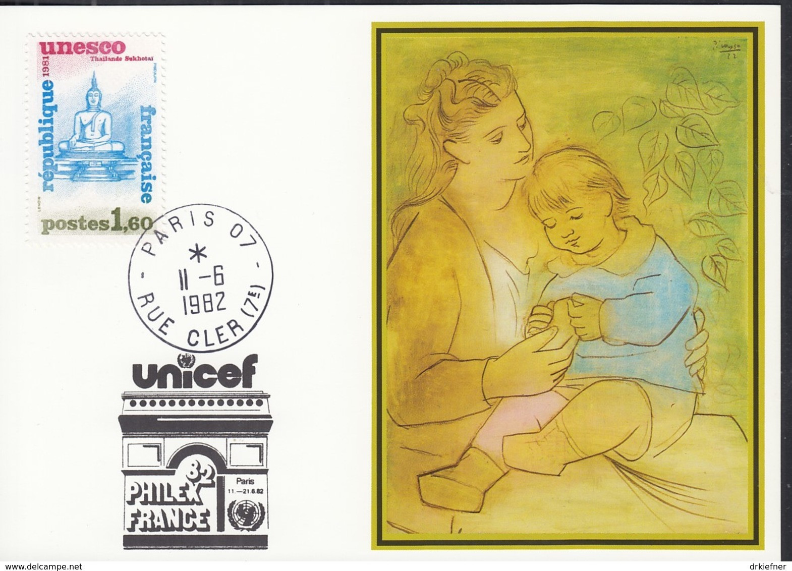 UNO NEW YORK, UNICEF-Kunstkarte, Aussellungskarte Mit Erinnerungsstempel: Paris PHILEX-FRANCE 2.6.1982 - Brieven En Documenten