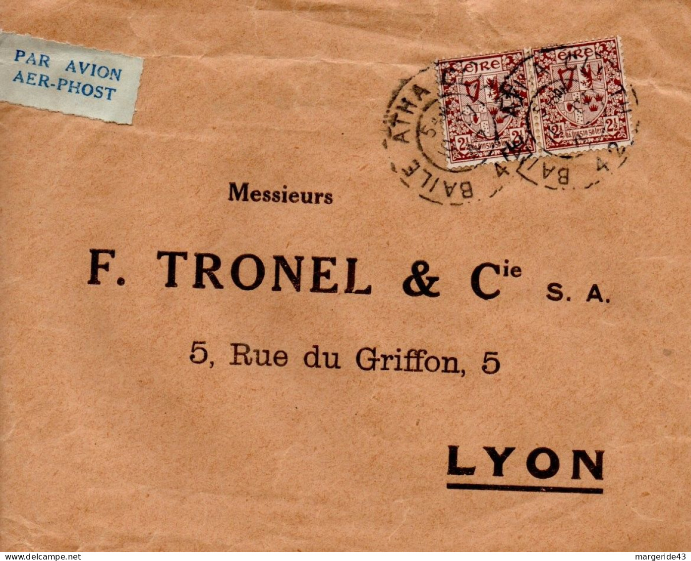 IRLANDE AFFRANCHISSEMENT COMPOSE SUR LETTRE AVION POUR LA FRANCE 1946 - Cartas & Documentos