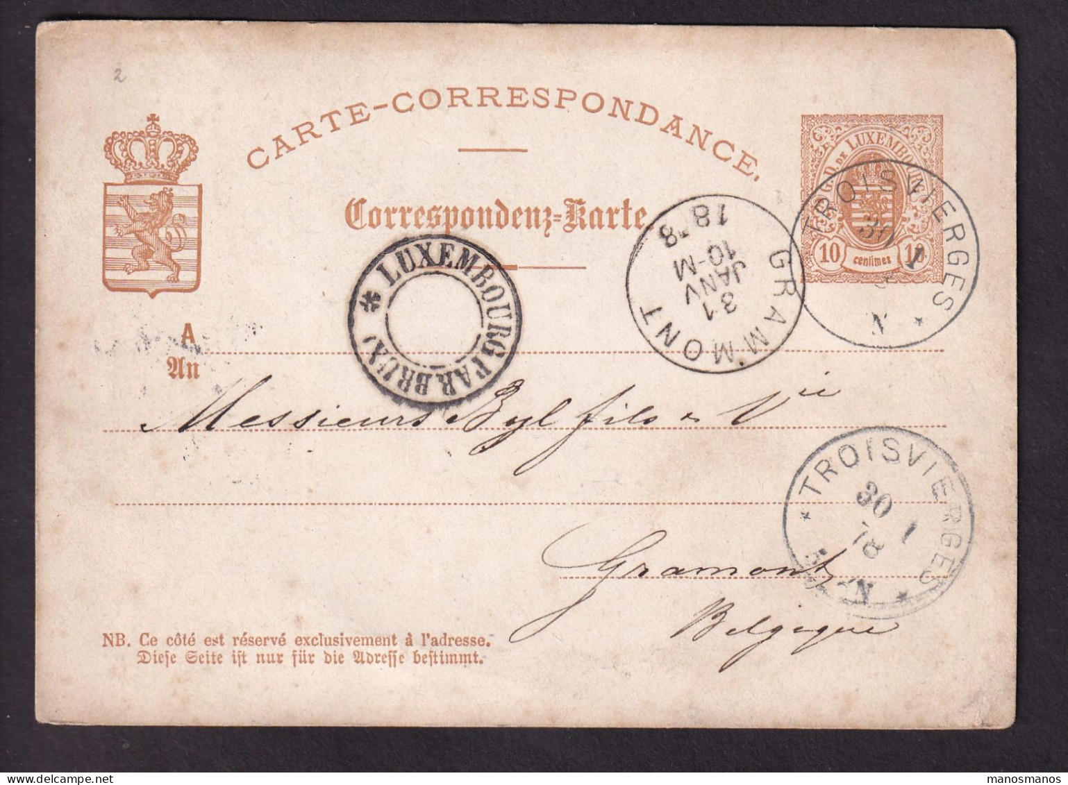 DDFF 527 - Entier Postal Luxembourg TROIS VIERGES 1878 Vers GRAMMONT - Marque D'échange Belge LUXEMBOURG PAR BRUX. - Doorgangstempels