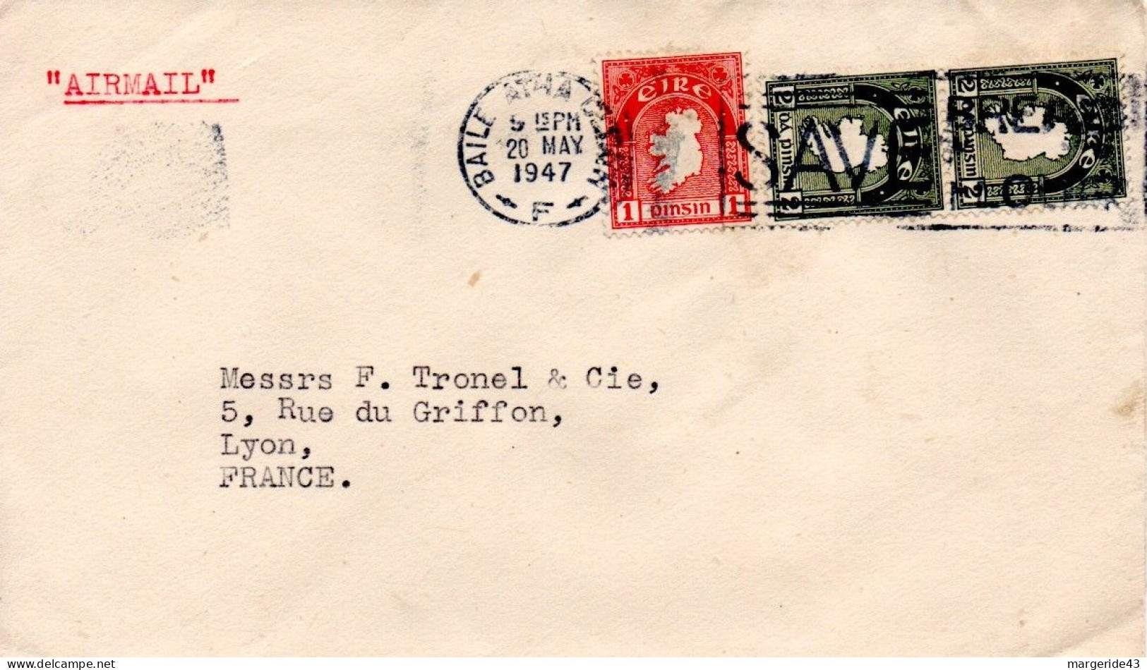 IRLANDE AFFRANCHISSEMENT COMPOSE SUR LETTRE AVION POUR LA FRANCE 1947 - Cartas & Documentos