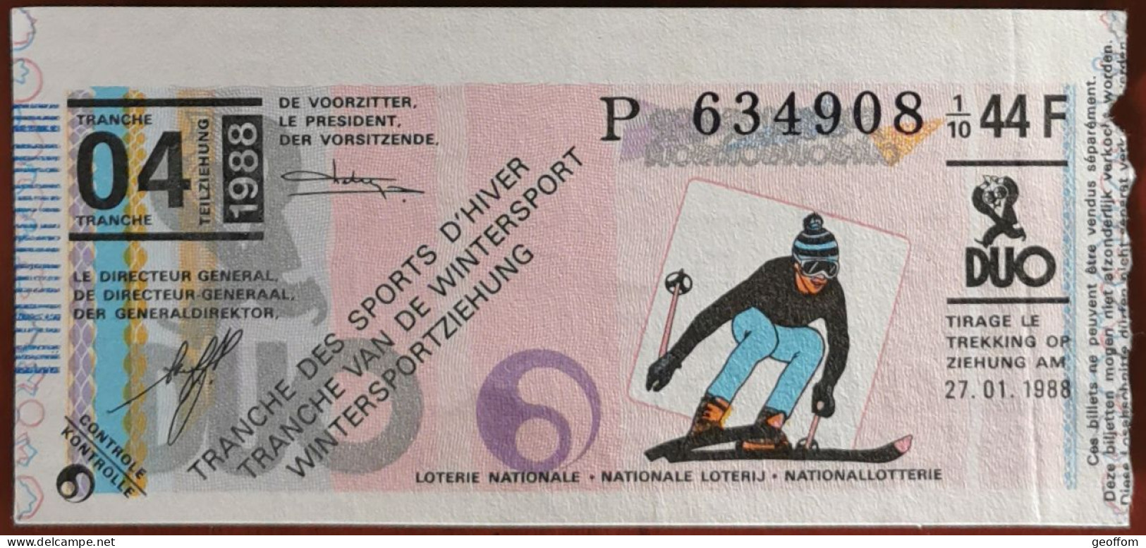 Billet De Loterie Nationale Belgique 1988 4e Tranche Des Sports D'Hiver - 27-1-1988 - Biglietti Della Lotteria