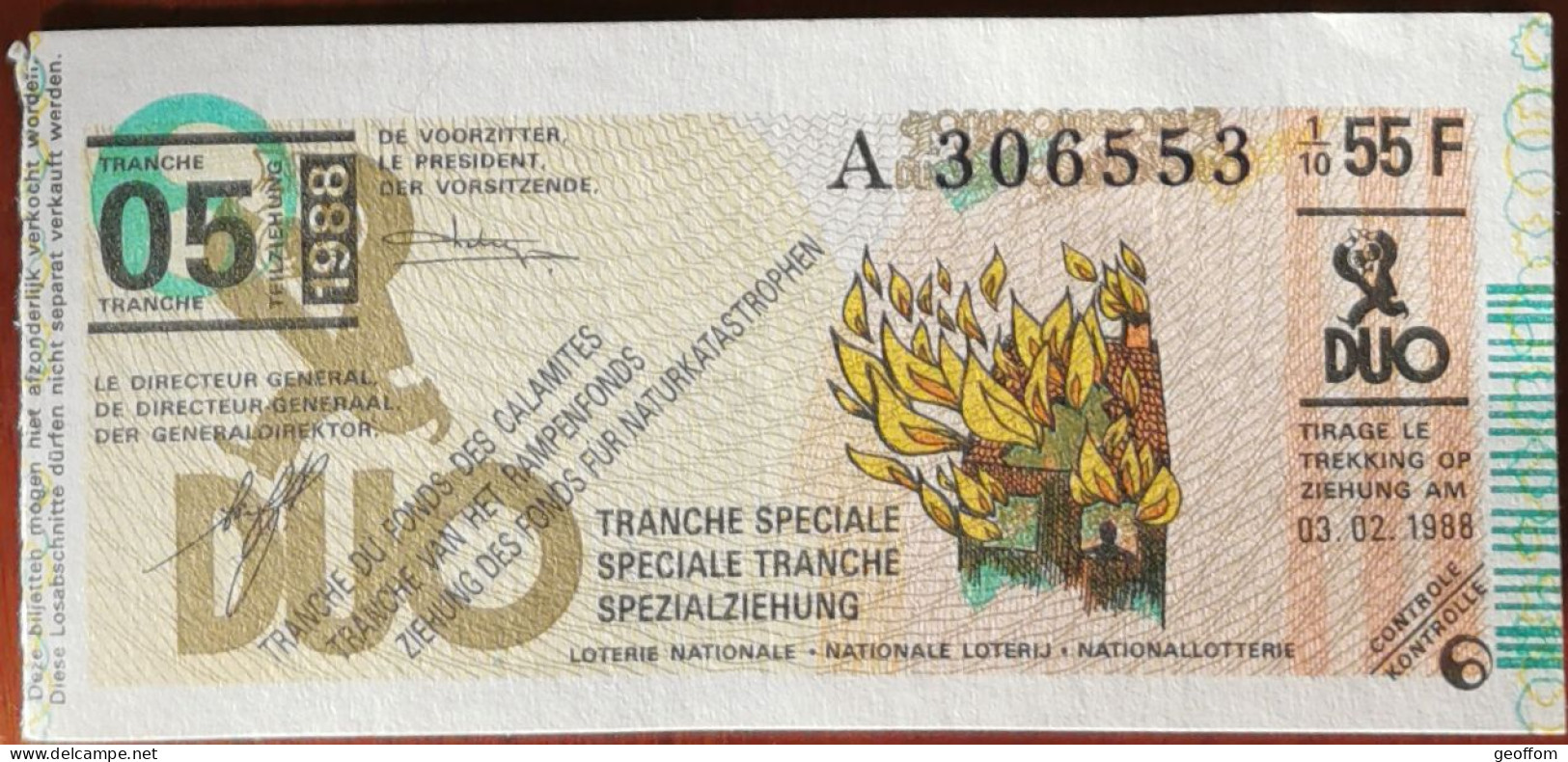 Billet De Loterie Nationale Belgique 1988 5e Tranche Du Fond Des Calamites - 3-2-1988 - Billetes De Lotería