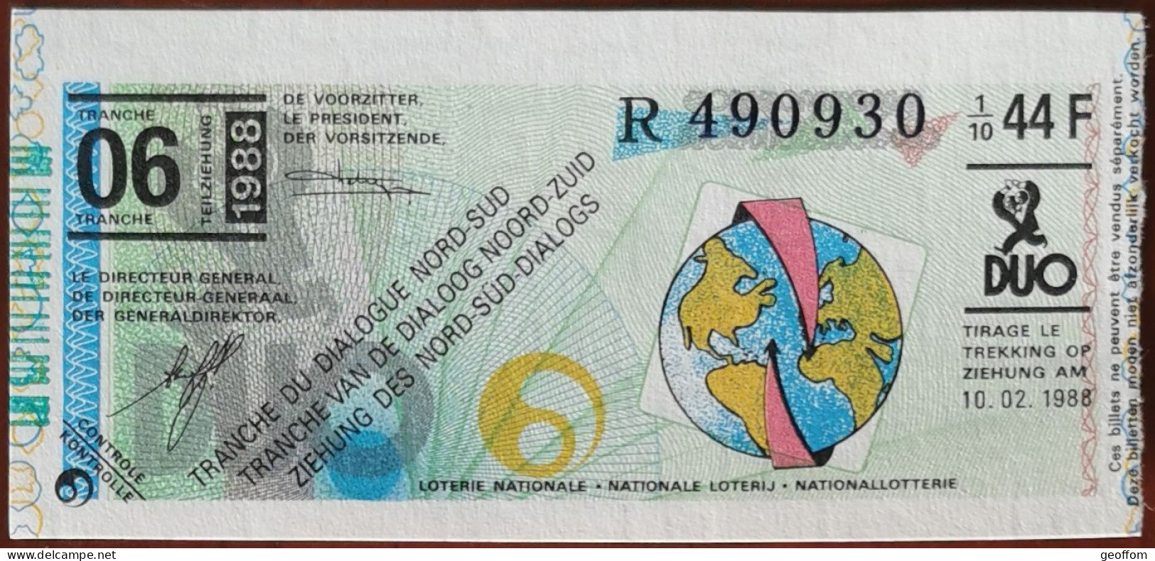 Billet De Loterie Nationale Belgique 1988 6e Tranche Du Dialogue Nord-Sud - 10-2-1988 - Billetes De Lotería