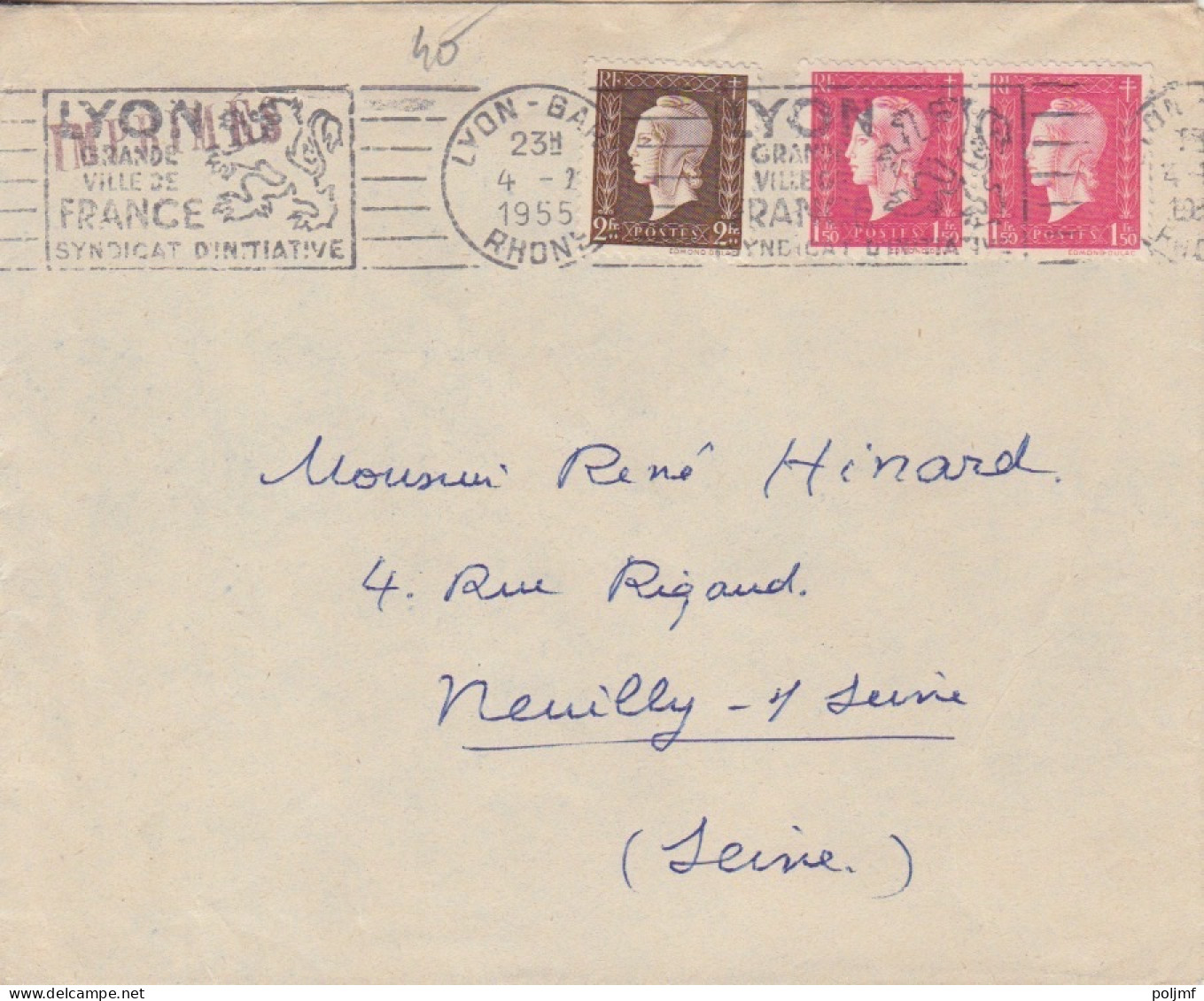 Lettre "Imprimés" Obl. RBV Lyon Gare Le 4 - 7 55 Sur 2F, 1F50 X 2 Dulac N° 692, 691 Pour Neuilly/Seine - 1944-45 Marianne (Dulac)