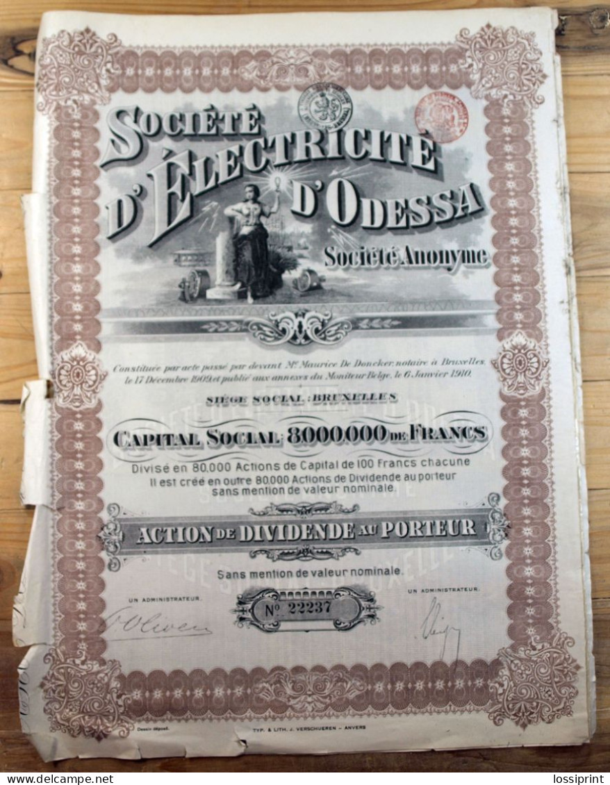 Ukraine:France:Odessa Electric Society Obligation, Bond, 1910 - Elektrizität & Gas