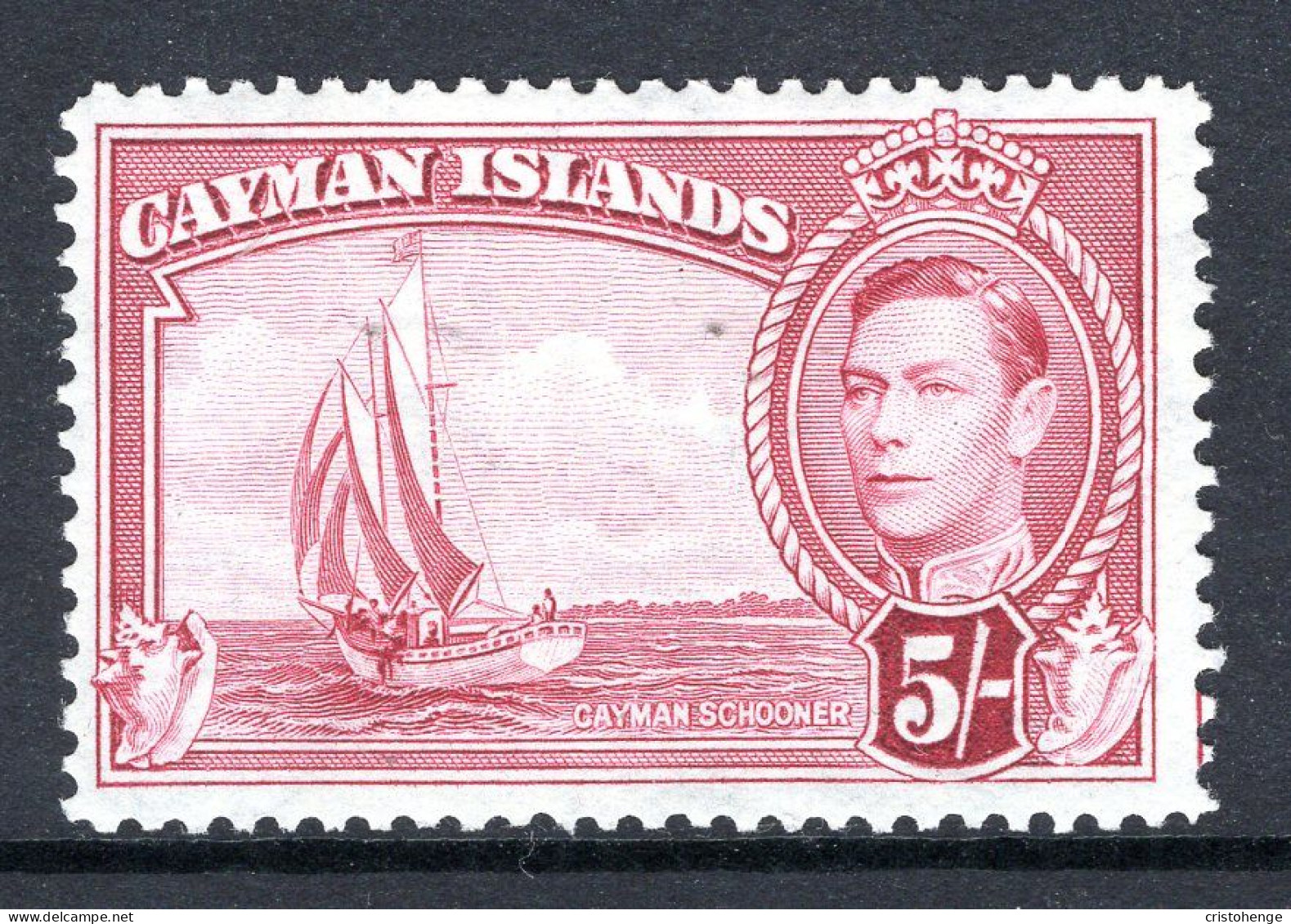 Cayman Islands 1938-48 KGVI Pictorials - 5/- Rembro - Schooner - Carmine-lake HM (SG 125) - Cayman Islands