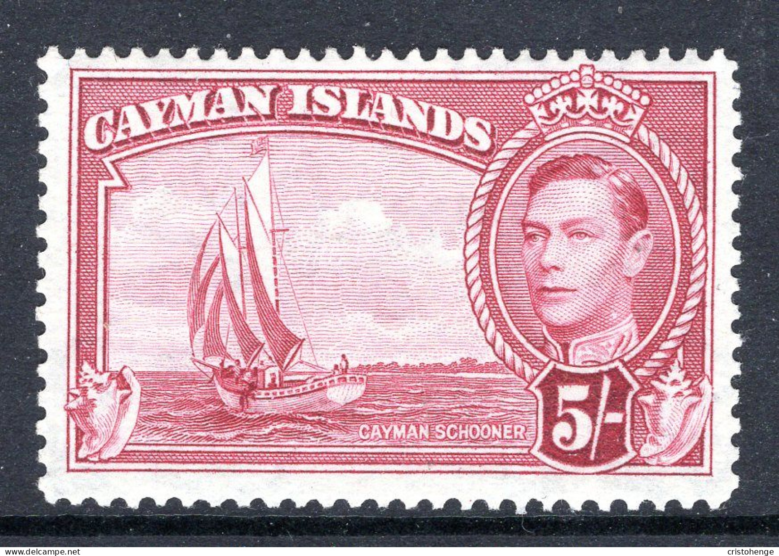 Cayman Islands 1938-48 KGVI Pictorials - 5/- Rembro - Schooner - Carmine HM (SG 125a) - Cayman Islands