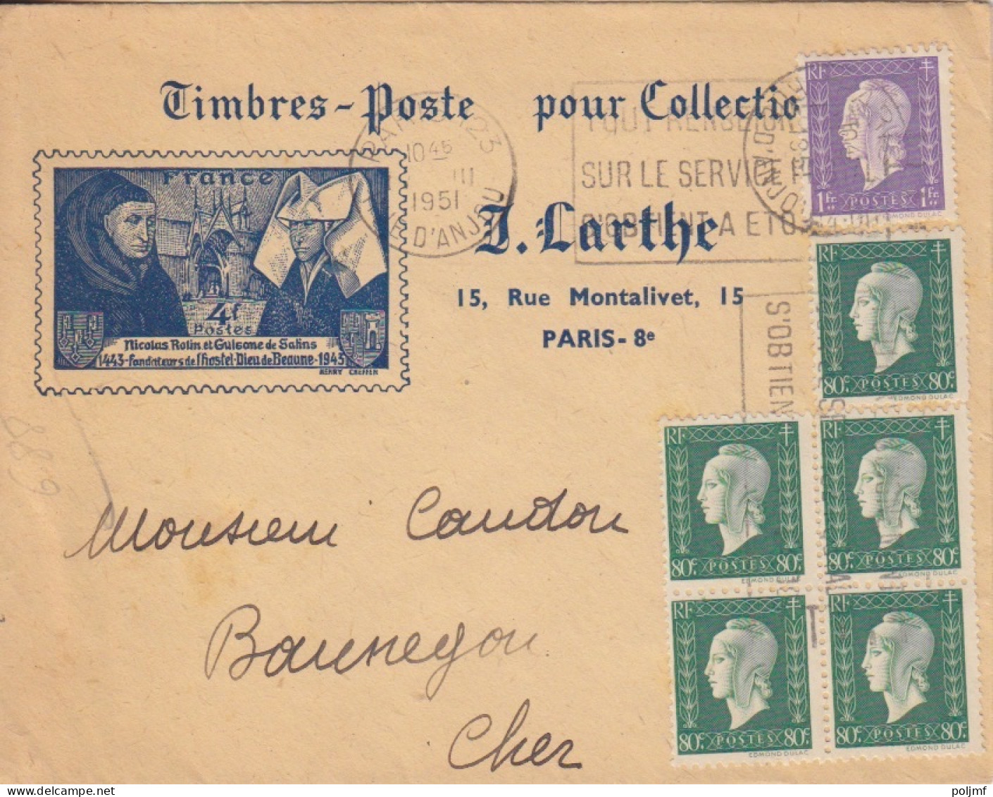 Lettre Pré-imprimée Obl. Flier Paris 123 Le 17 III 51 Sur 80c X 5, 1F Dulac N° 688, 689 Pour Le Cher - 1944-45 Marianne De Dulac