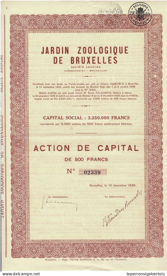 Titre De 1935 - Jardin Zoologique De Bruxelles - - Toerisme