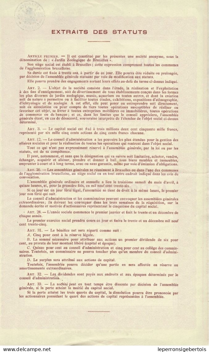 Titre De 1935 - Jardin Zoologique De Bruxelles - - Toerisme