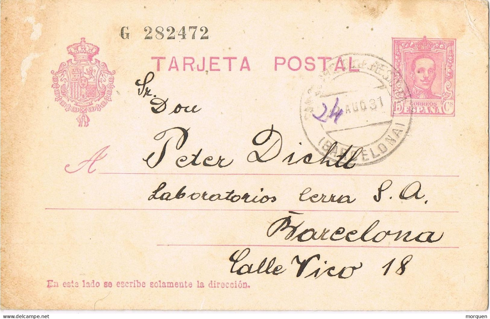 53403. Entero Postal LA FARGA De BEVIE (Barcelona) 1931. Alfonso XIII Vaquer, Fechador SAN QUIRICO BESORA - 1850-1931