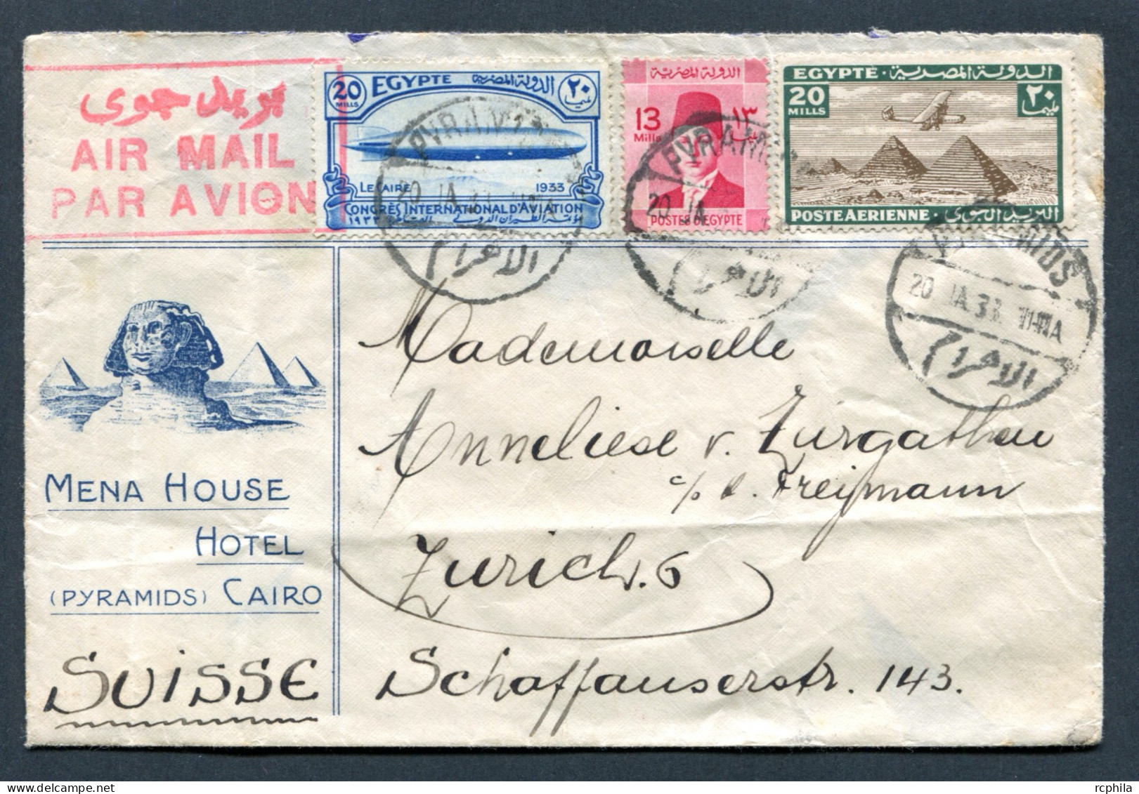 RC 26722 EGYPTE 1933 BUREAU PYRAMIDS LETTRE A ENTETE DU MENA HOUSE HOTEL POUR LA SUISSE - Briefe U. Dokumente