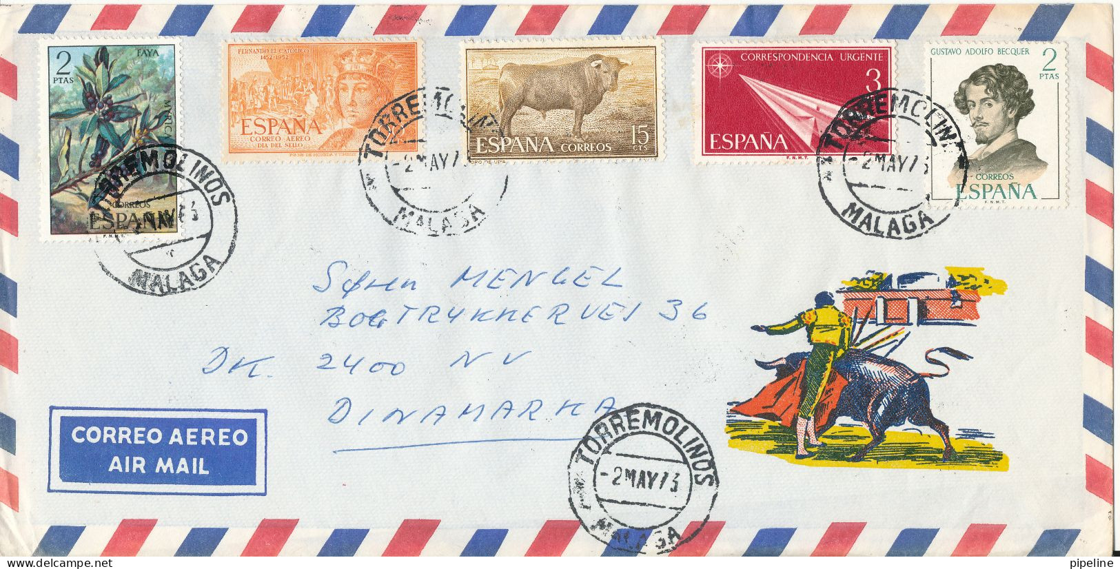 Spain Air Mail Cover Sent To Denmark Torremolinos Malaga 2-5-1973 Topic Stamps - Cartas & Documentos