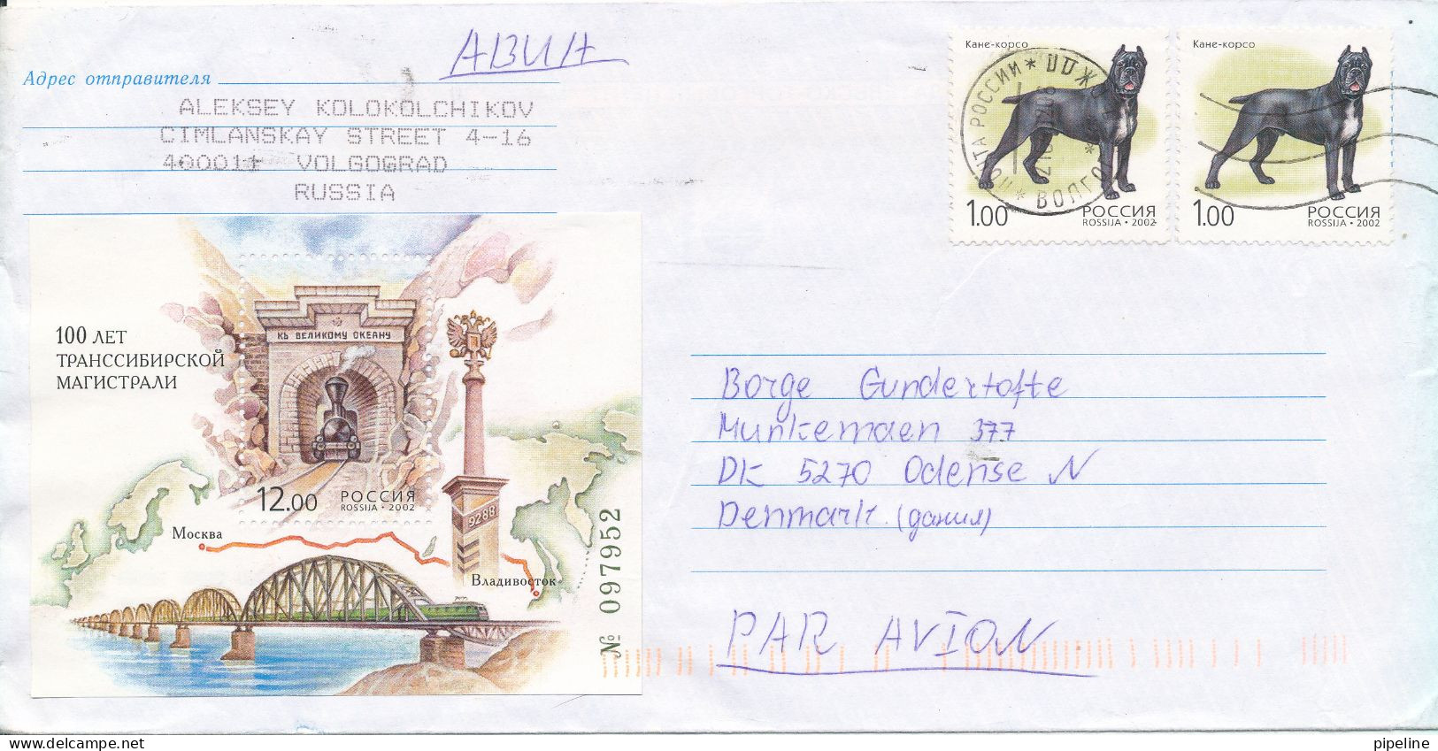 Russia Cover Sent Air Mail To Denmark 21-4-2002 With Souvenir Sheet And DOG Stamps - Storia Postale