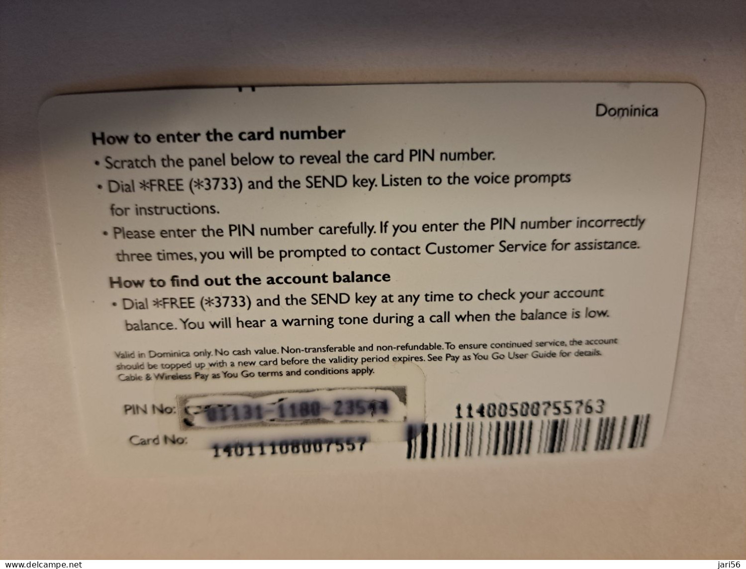 DOMINICA  $40,- PAY AS YOU GO  WITH TEXT DOMINICA RIGHT CORNER /   NUMBER ABOVE BARCODE !!** 16108 ** - Dominique