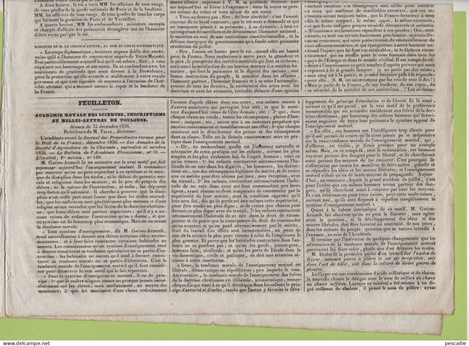 JOURNAL POLITIQUE DE TOULOUSE 07 01 1837 - ACADEMIE DES SCIENCES TOULOUSE - DISCOURS AU ROI - RIVIERES & CANAUX LATERAUX - 1800 - 1849