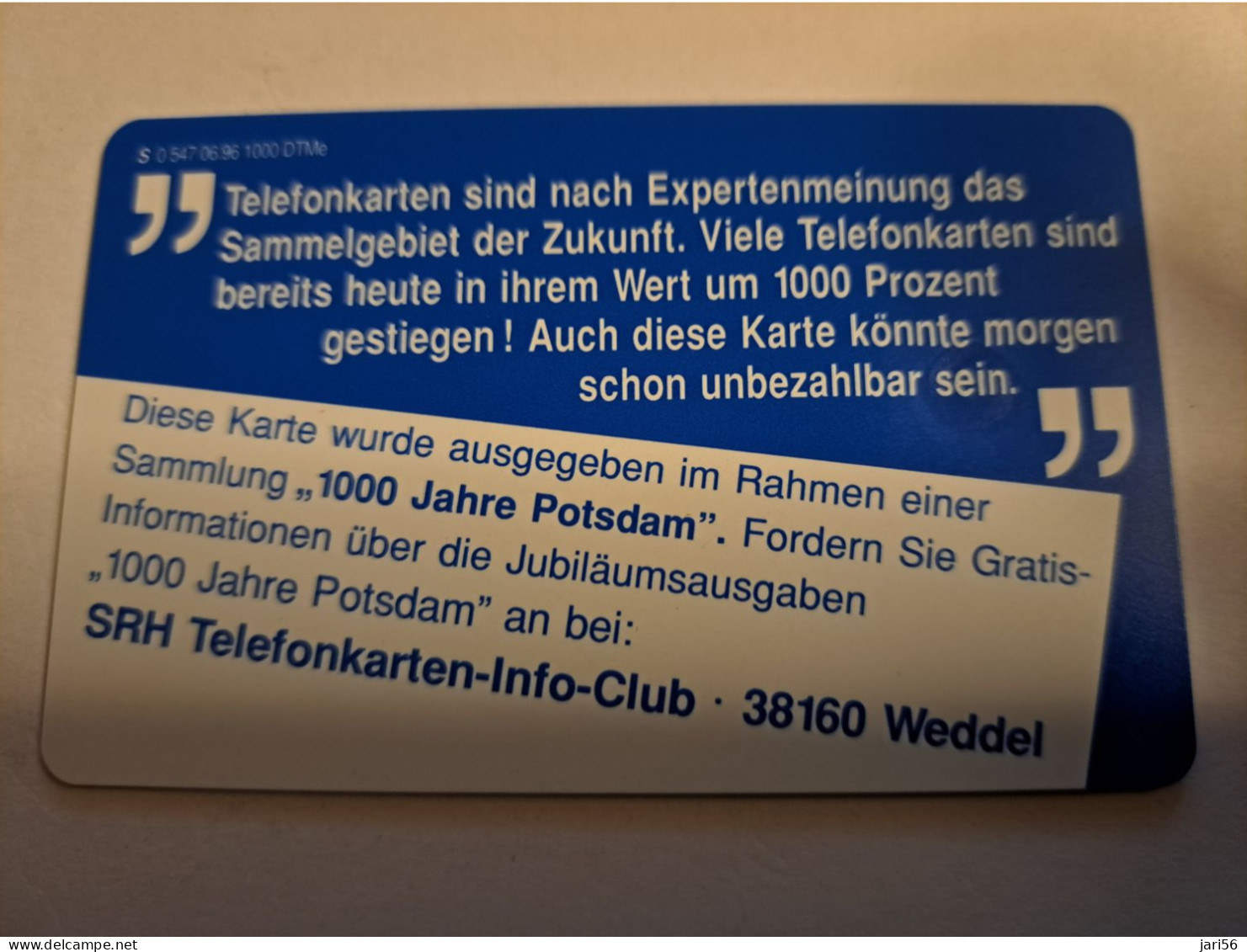 DUITSLAND/ GERMANY  CHIPCARD /1000 JAHRE POTSDAM/     / 1.000 EX   / 3 DM  CARD / O 547   / MINT   CARD     **16117** - S-Series: Schalterserie Mit Fremdfirmenreklame