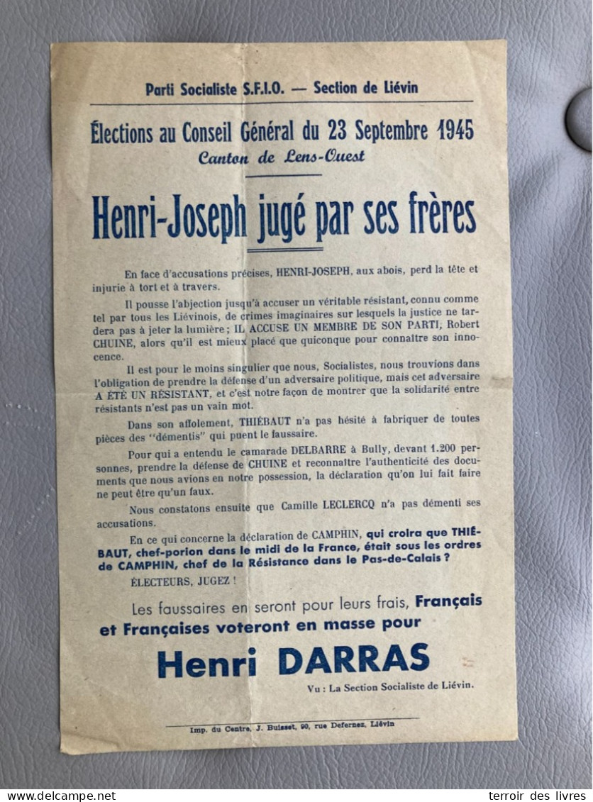 Tract électoral Original LIEVIN 1945 Résistance Henri DARRAS HENRI-JOSEPH - Picardie - Nord-Pas-de-Calais