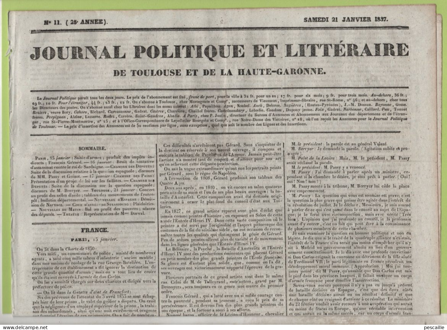 JOURNAL POLITIQUE DE TOULOUSE 21 01 1837 - MORT PEINTRE GERARD - DEBATS SUR L'ESPAGNE - DOUANES TOULOUSE - STRASBOURG - - 1800 - 1849