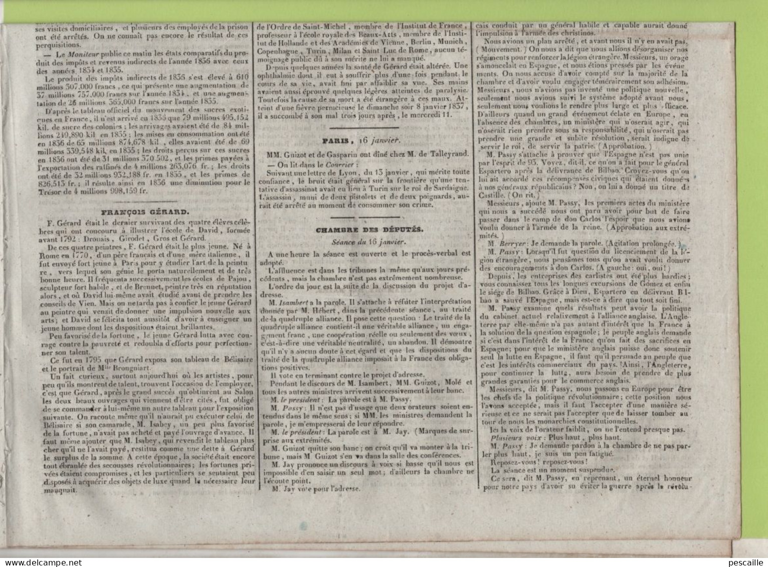 JOURNAL POLITIQUE DE TOULOUSE 21 01 1837 - MORT PEINTRE GERARD - DEBATS SUR L'ESPAGNE - DOUANES TOULOUSE - STRASBOURG - - 1800 - 1849