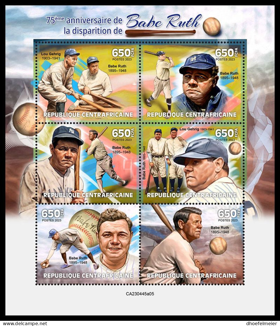 CENTRAL AFRICAN 2023 MNH Babe Ruth Baseball M/S – OFFICIAL ISSUE – DHQ2401 - Béisbol