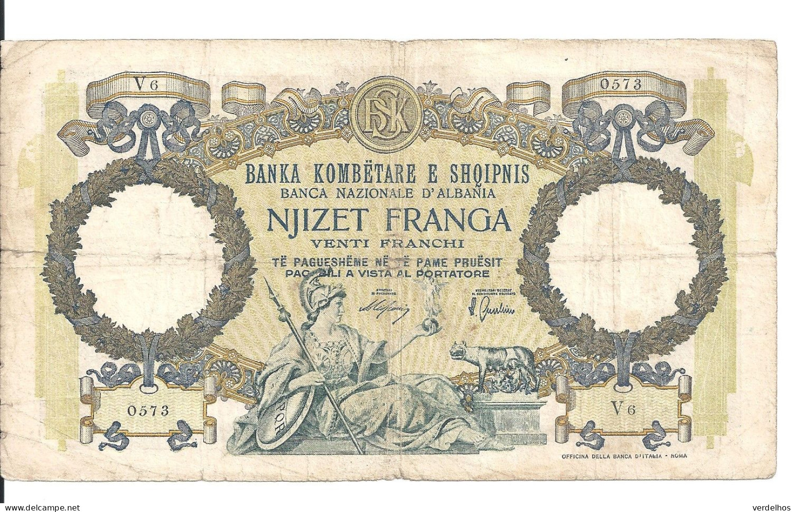 ALBANIE 20 FRANGA ND1939 VG+ P 7 - Albanië