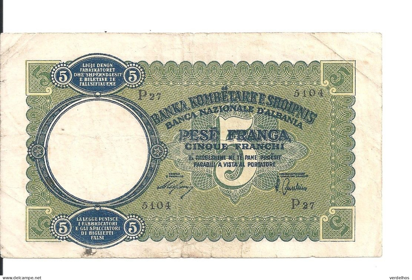 ALBANIE 5 FRANGA ND1939 VF P 6 - Albanië