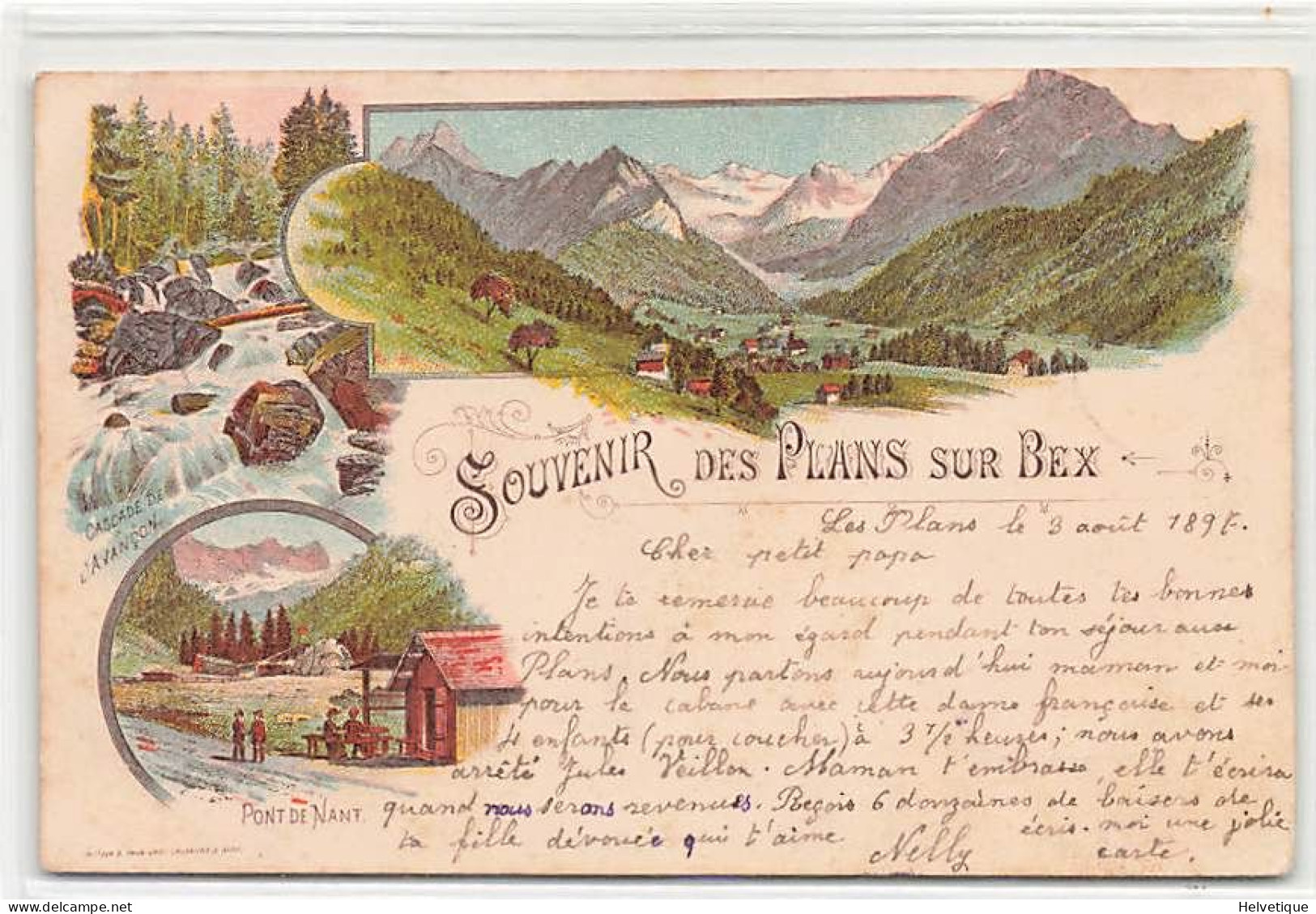 Souvenir Des Plans Sur Bex Litho 1897 Pont De Nant Cascade De L'Avançon - Bex