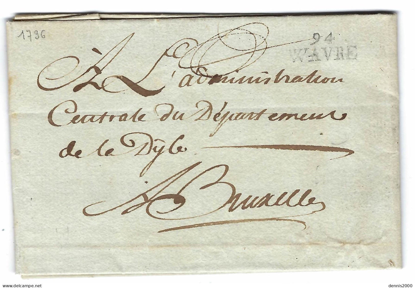 1796 - Lettre De 94 / WAVRE ( La Dyle ) 25 Mm Noir  Pour Bruxelles - 1794-1814 (French Period)