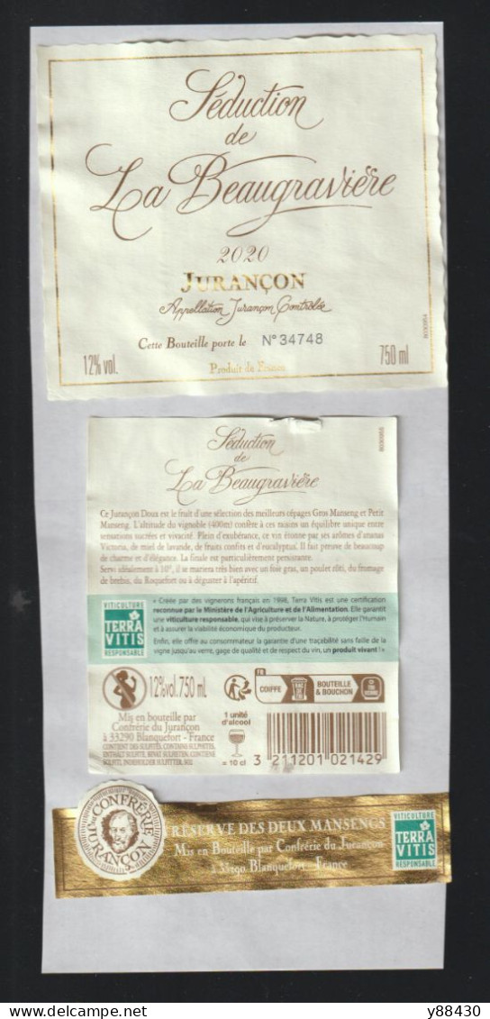 Étiquette De Vin Du JURANÇON - Séduction De LA BEAUGRAVIÈRE - Année 2020 - Bouteille Numérotée 34748 - 3 Pièces - Vin De Pays D'Oc