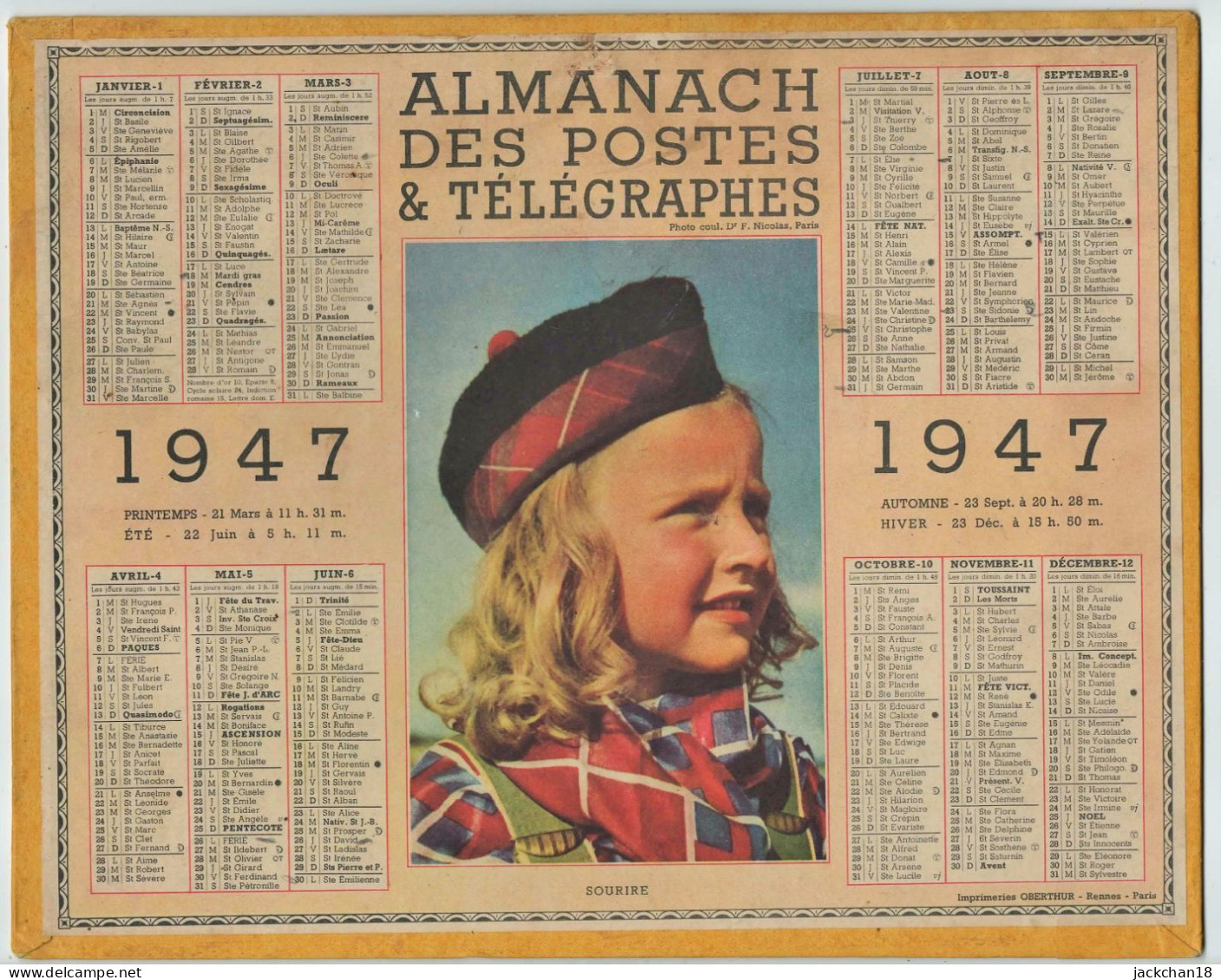 -- ALMANACH Des POSTES  & TELEGRAPHES 1947 / SOURIRE -- - Formato Grande : 1941-60