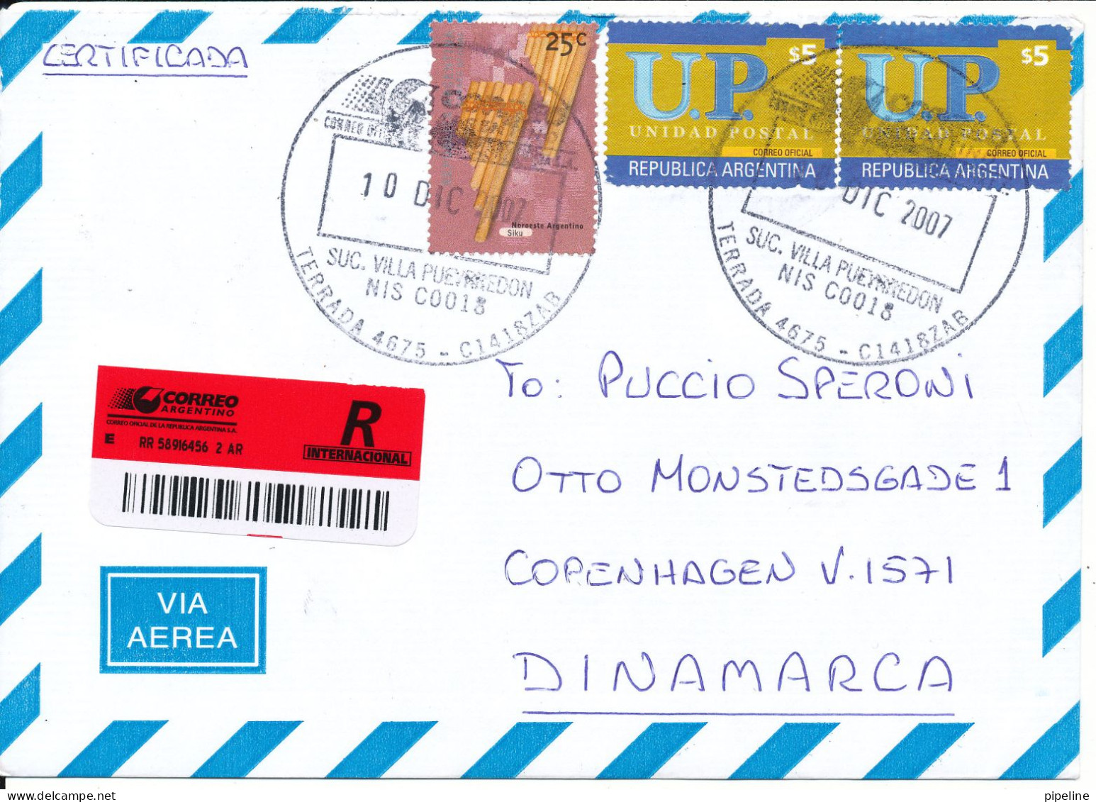 Argentina Registered Air Mail Cover Sent To Denmark 10-12-2007 - Posta Aerea