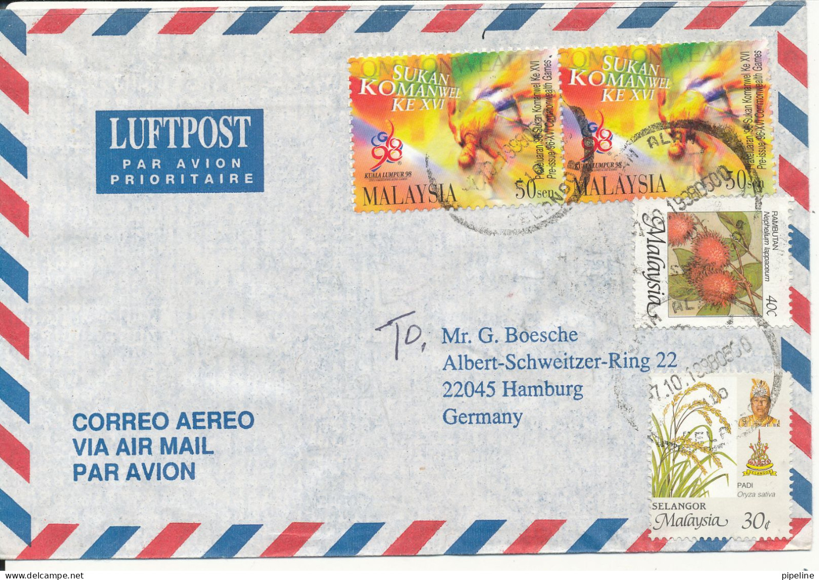 Malaysia Selangor Air Mail Cover Sent To Germany 7-10-1998 - Malaysia (1964-...)