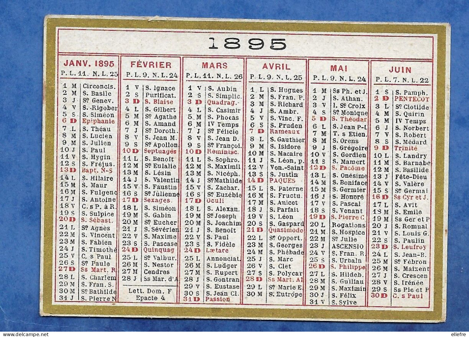 Ancien Calendrier Poche Double Face - 1895 - Format 8, 5 Cm /6, 5 Cm 1 Petit Manque Au Centre Sur 1 Face - Tamaño Pequeño : ...-1900