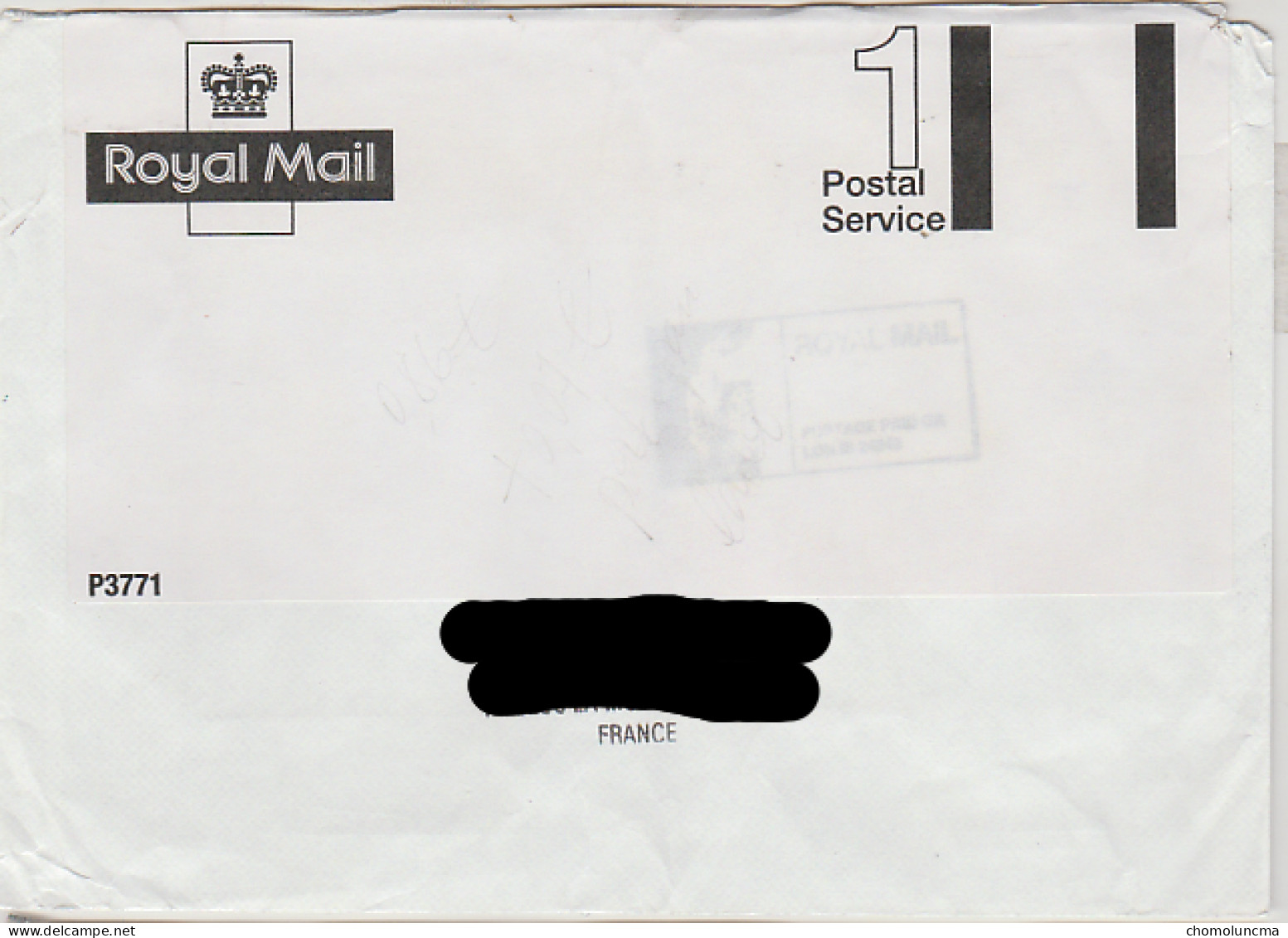 Royal Mail Postage Paid Postal Service Sticker On Cover To France The Special Handstamp Centre Royal Mail Mount Pleasant - Oficiales