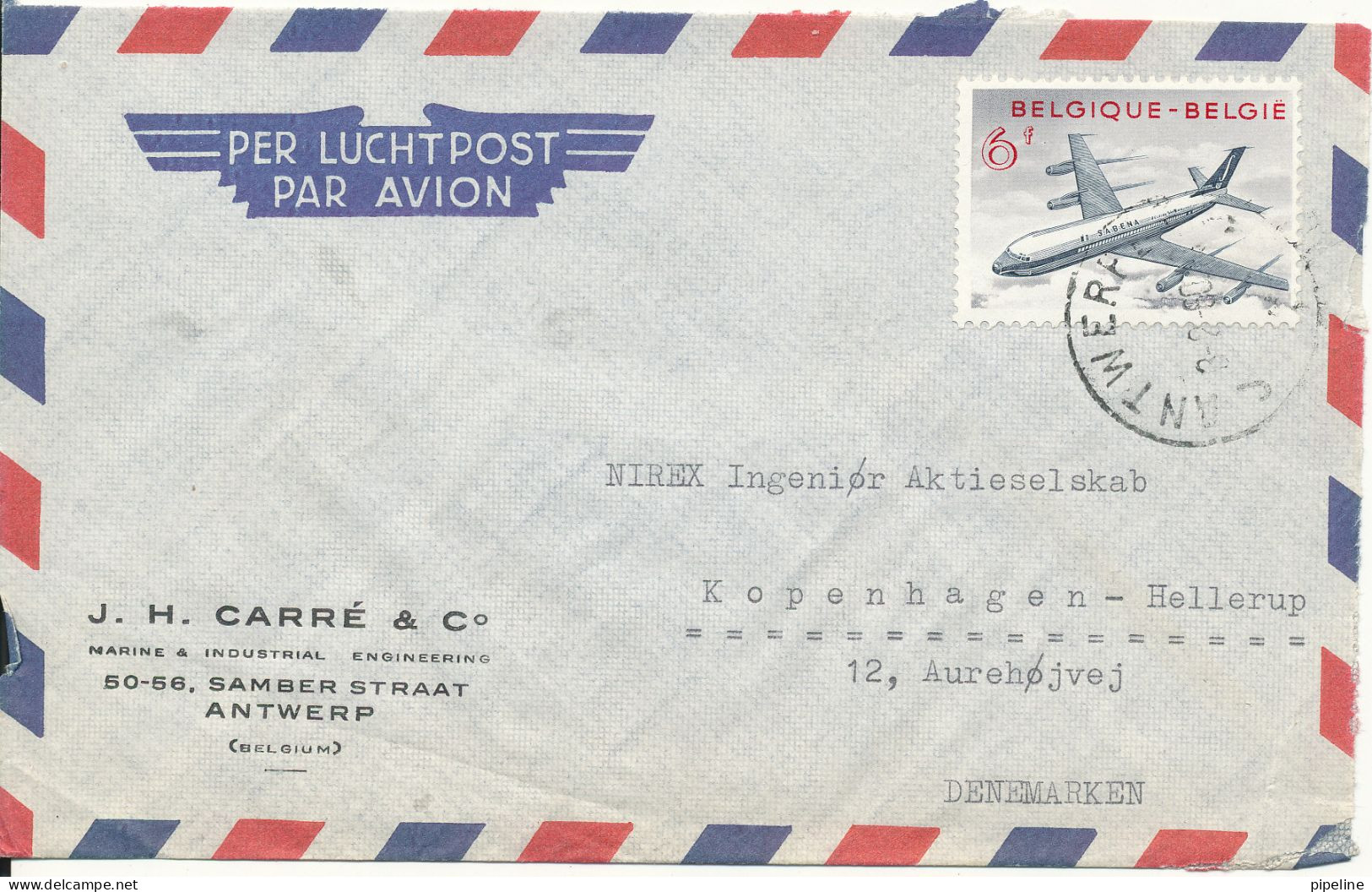 Belgium Air Mail Cover Sent To Denmark 3-2-1960 Single Franked Sabena - Andere & Zonder Classificatie